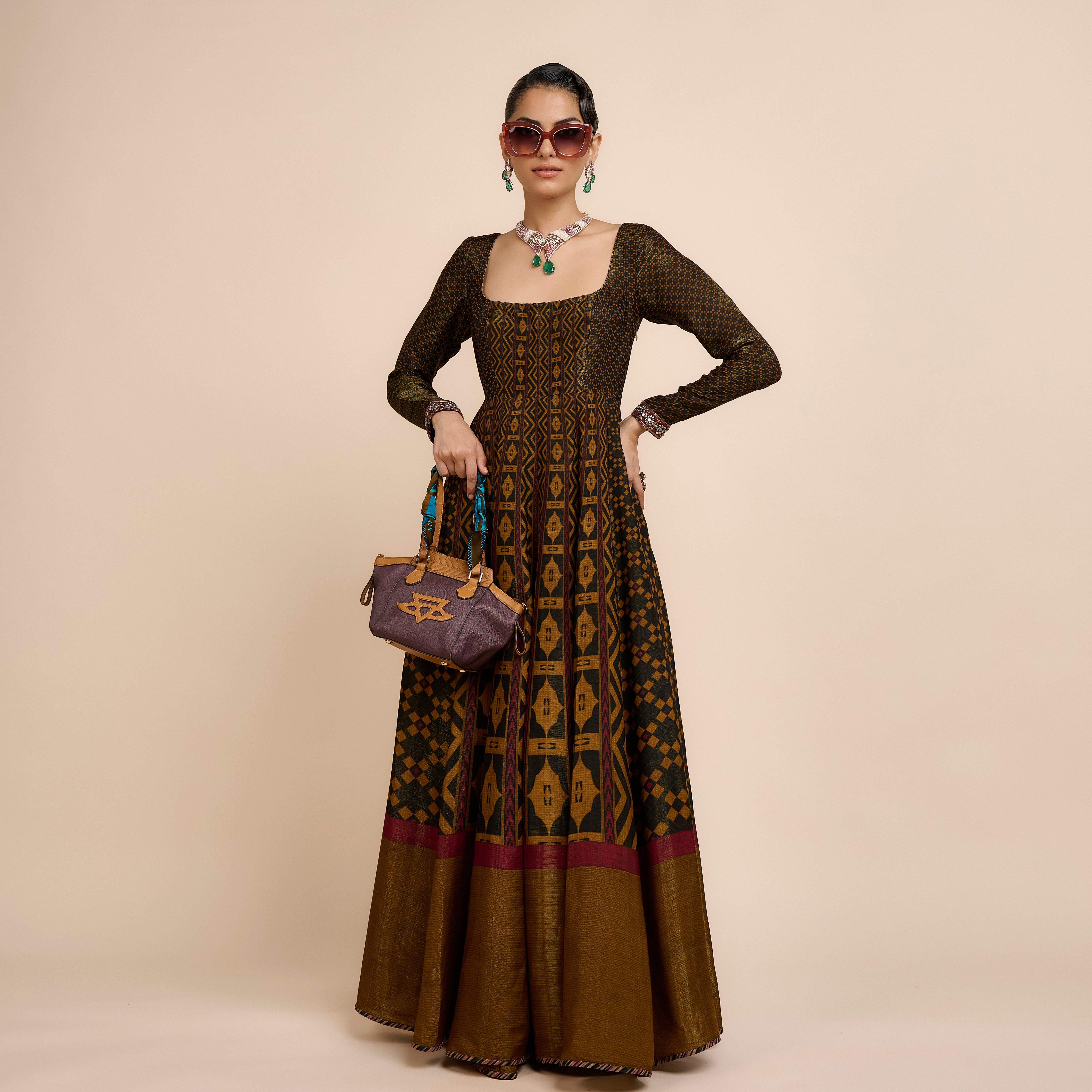 Metallic Ochre Anarkali | Nau