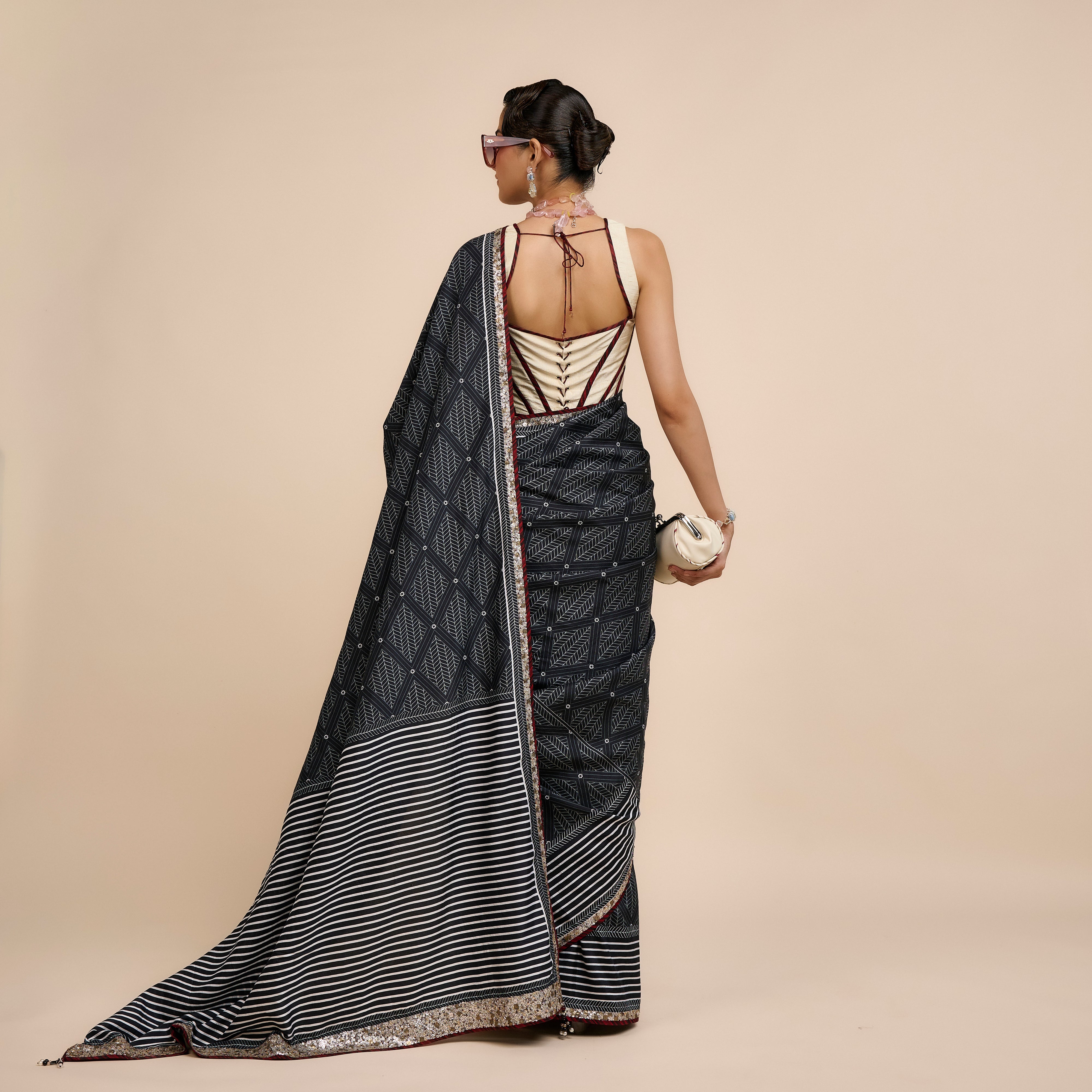 Ivory - Midnight Blue Chevron Saree Set | Nau