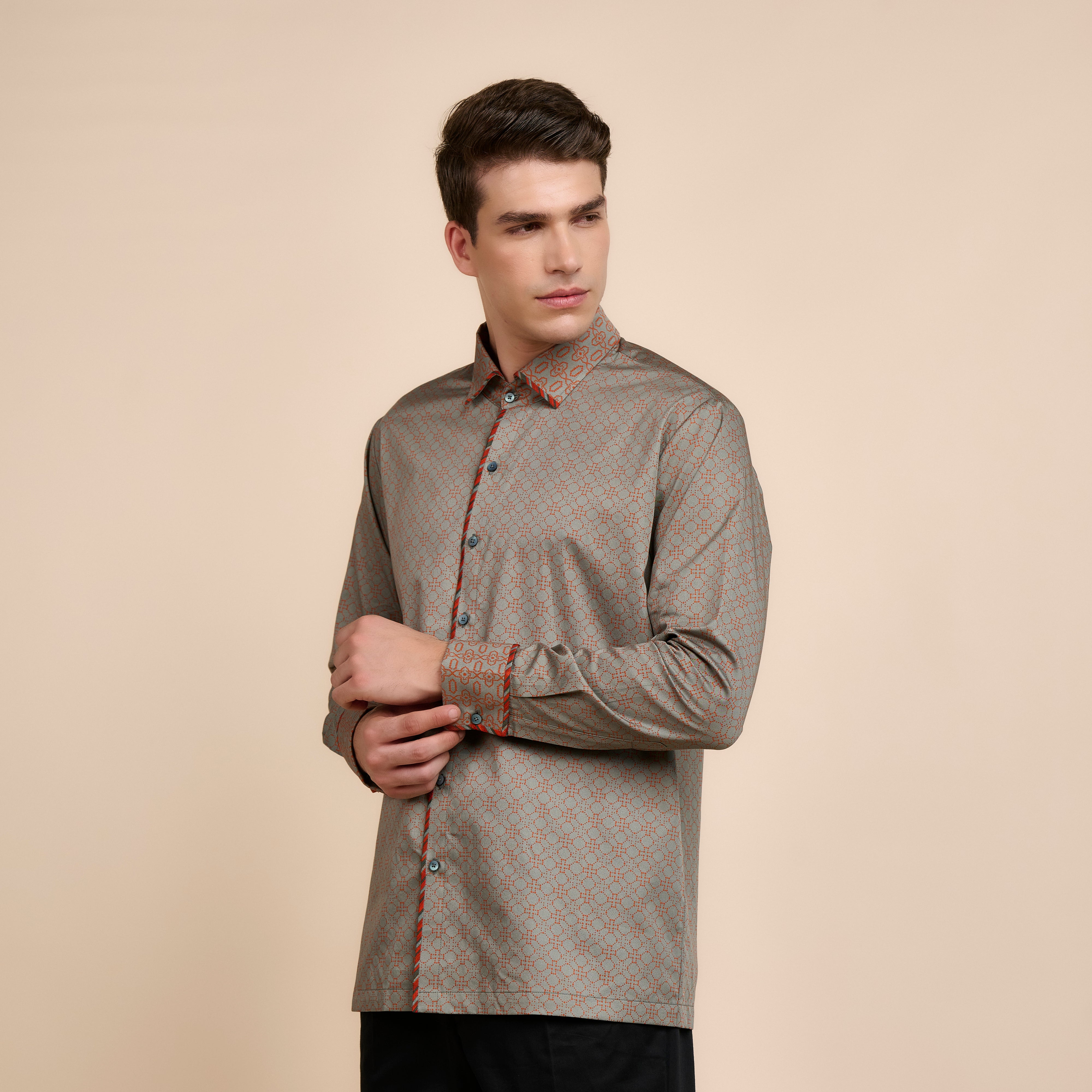 Rust Orange - Grey Printed Shirt
