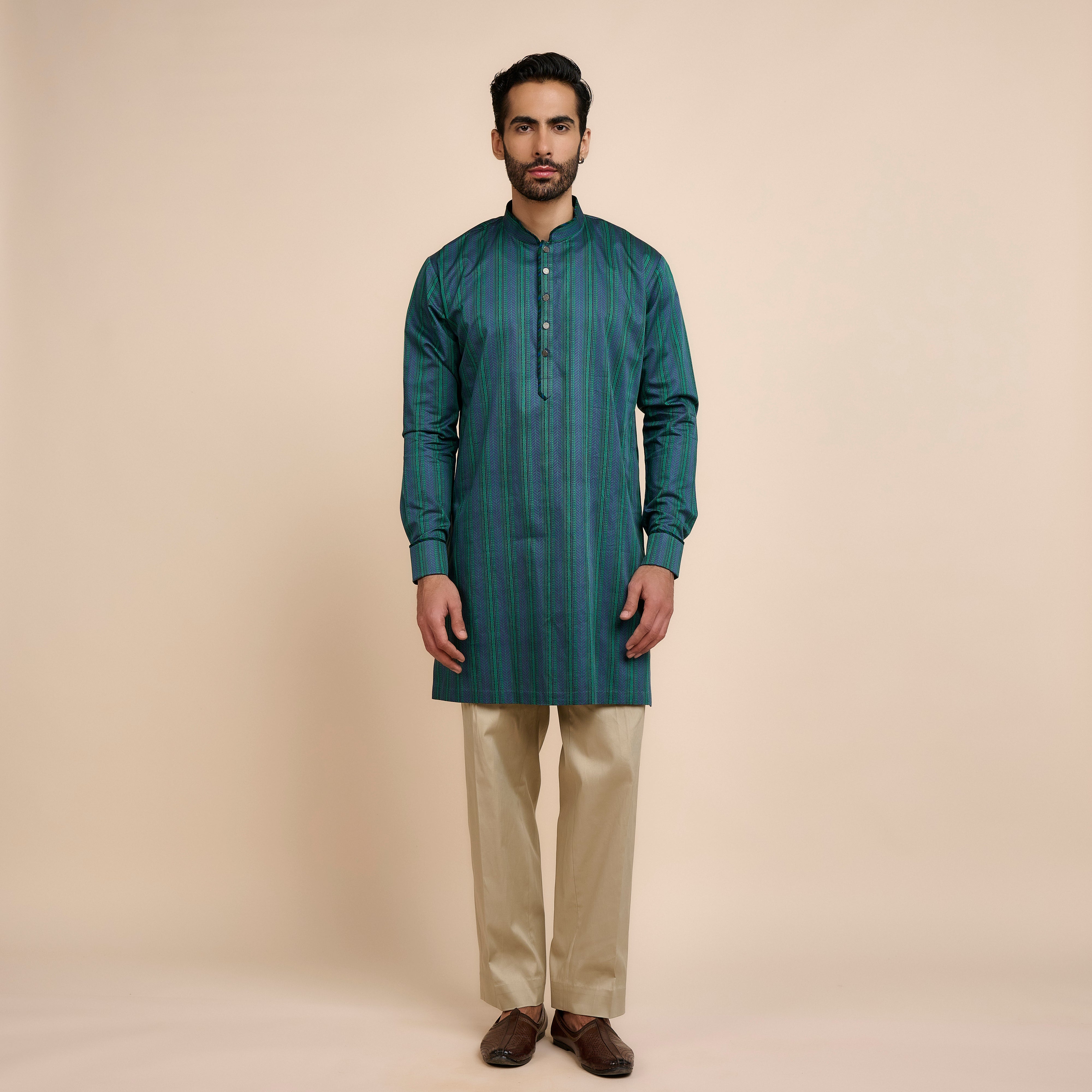 Teal Blue Striped Kurta | Nau