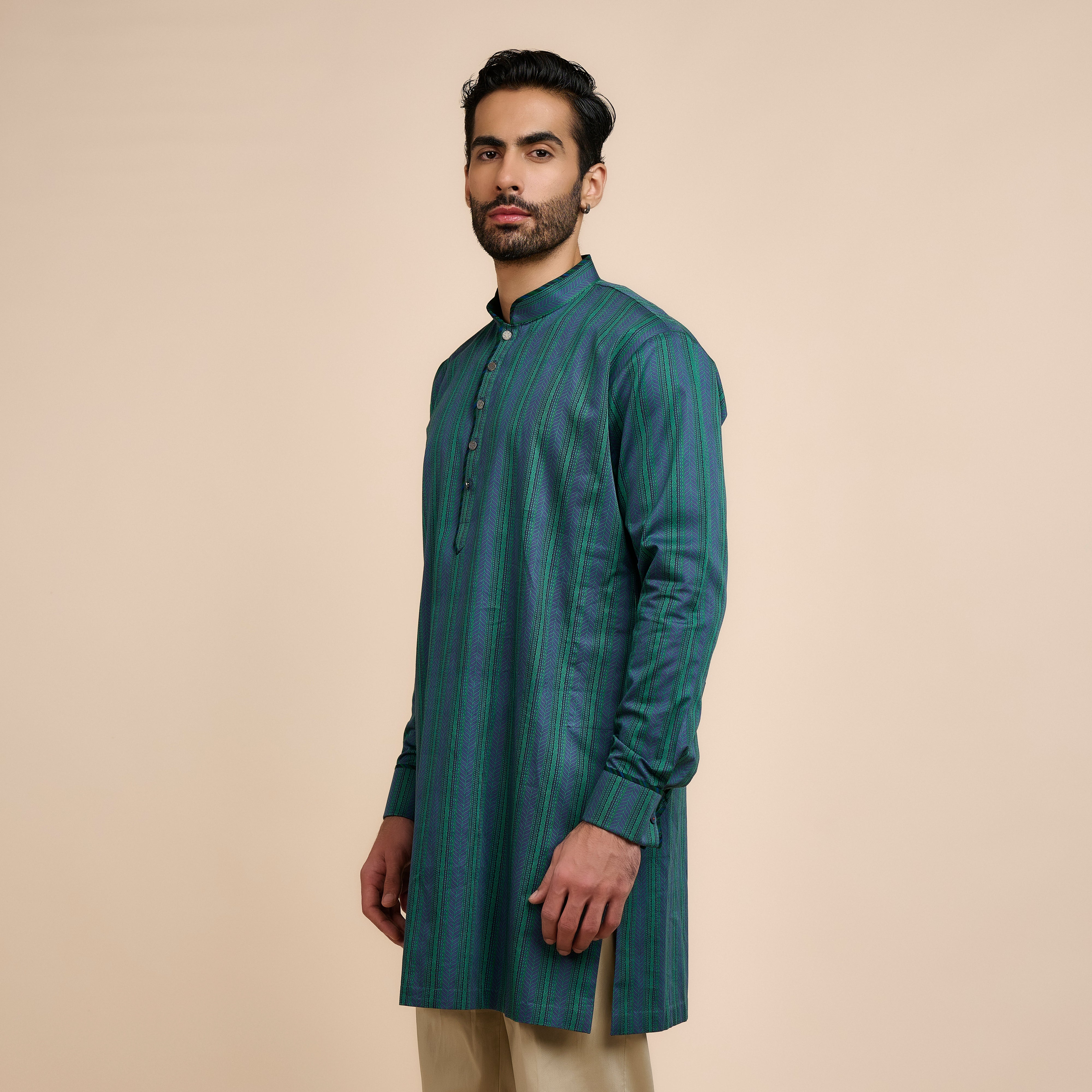Teal Blue Striped Kurta | Nau