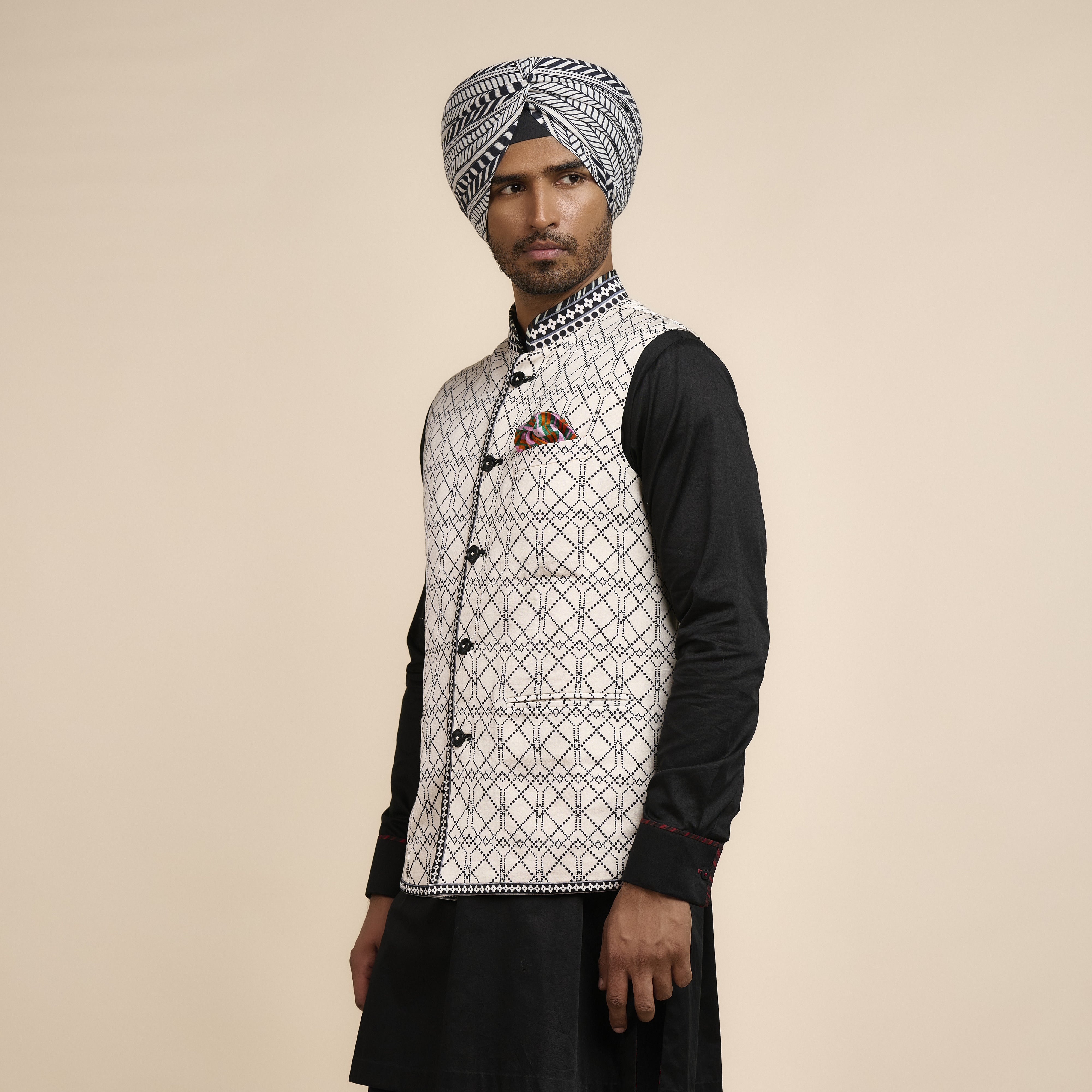 Creme Ivory Printed Nehru Jacket | Nau
