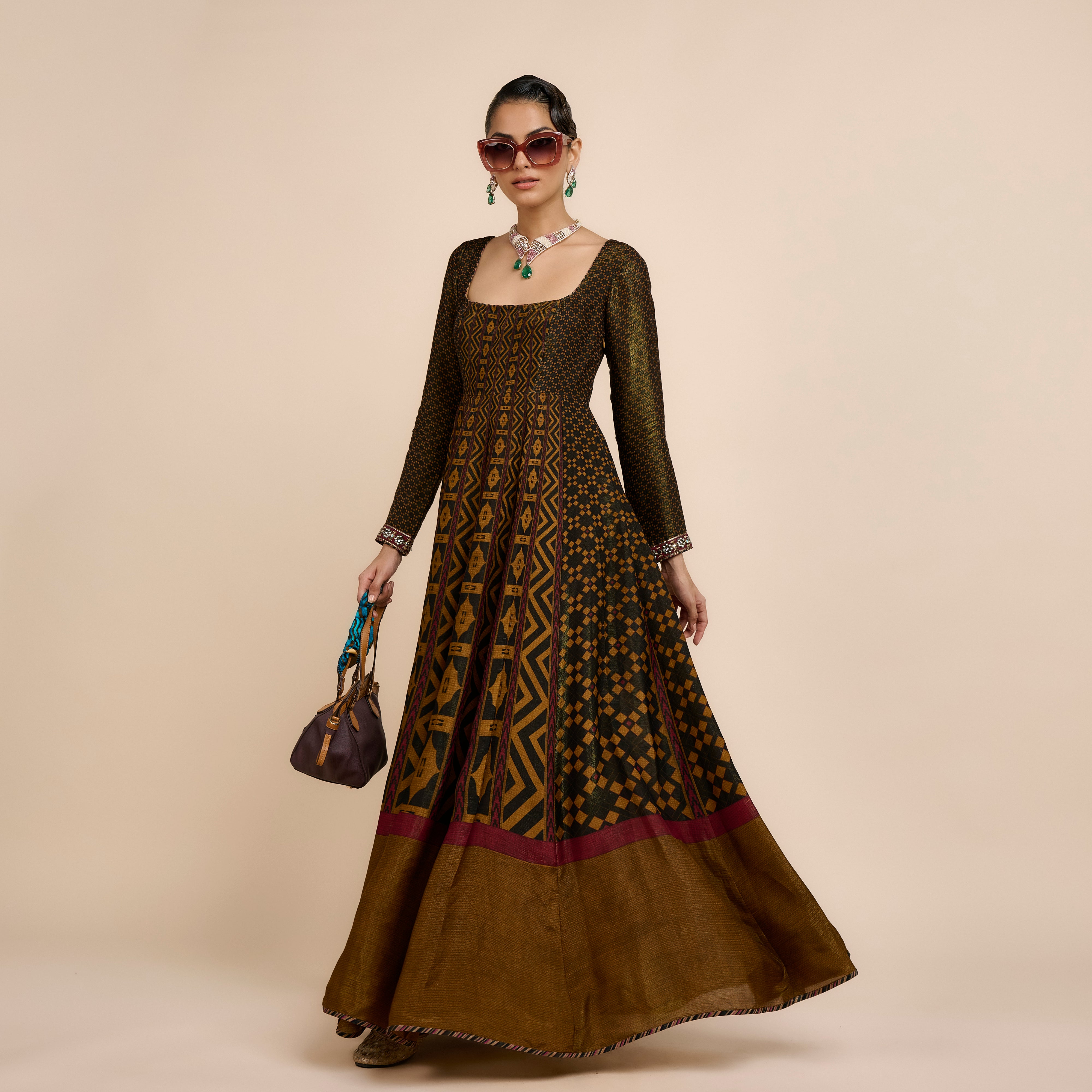 Metallic Ochre Anarkali | Nau