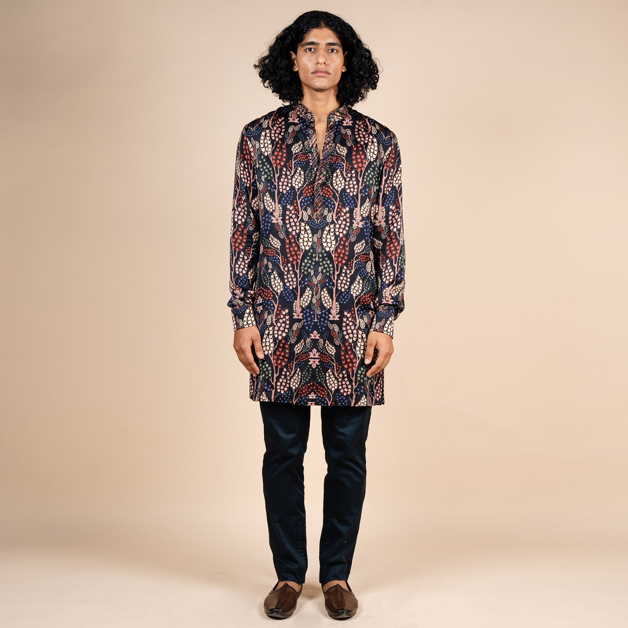 Midnight Blue Floral Print Kurta | PANJ