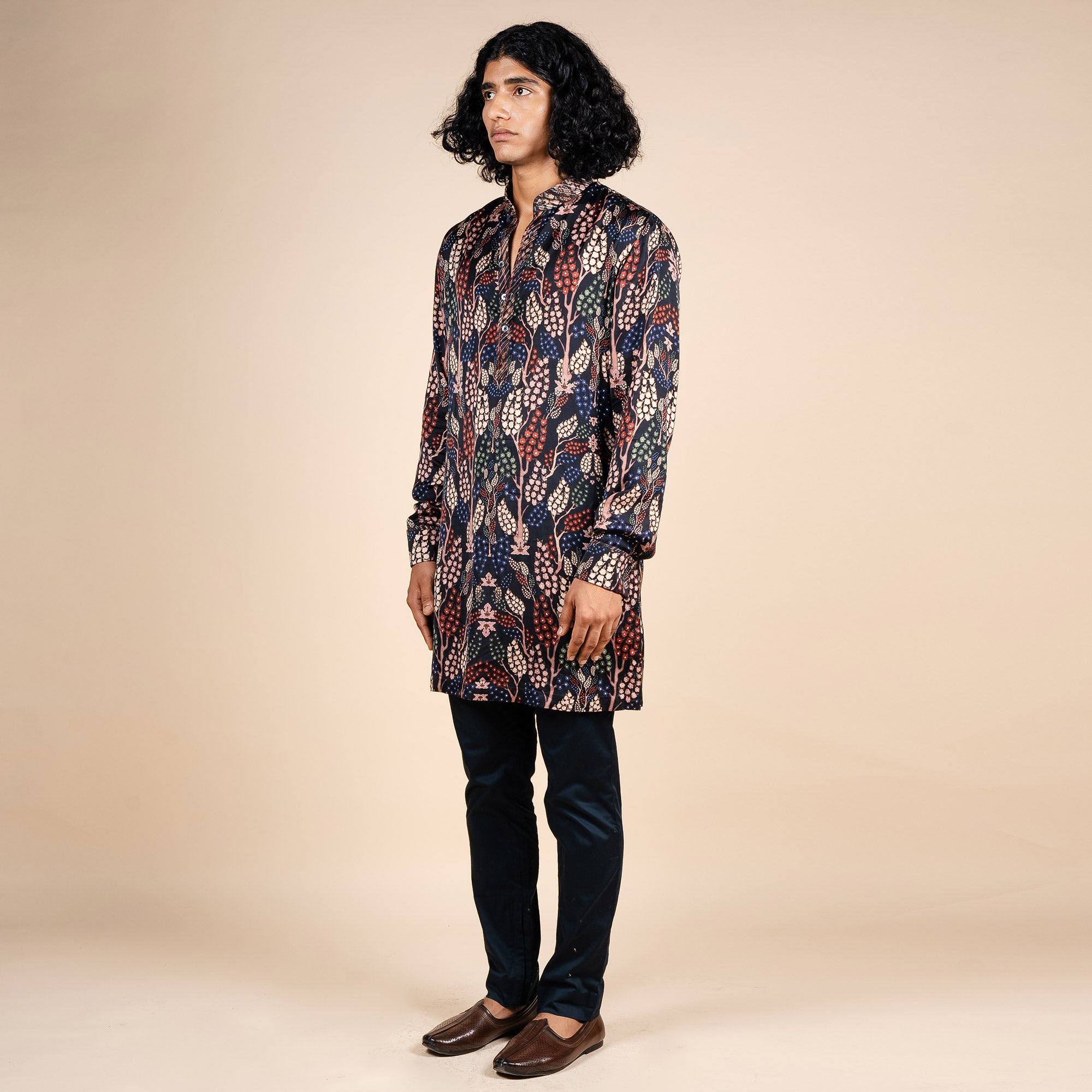 Midnight Blue Floral Print Kurta | PANJ