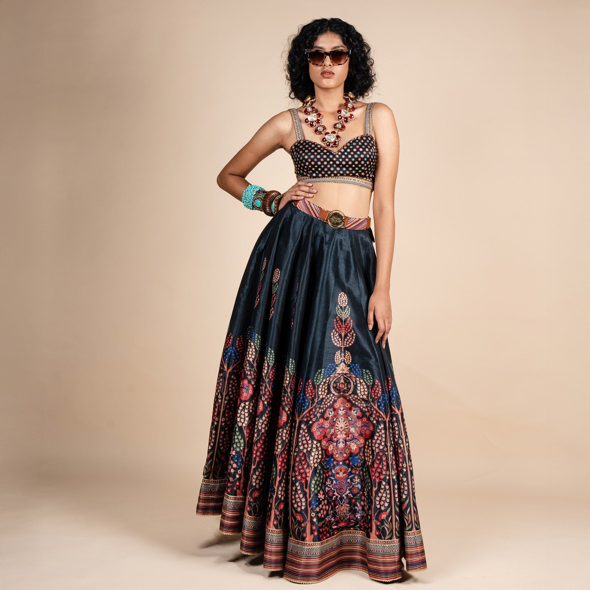 Midnight Blue Floral Print Skirt Set | PANJ
