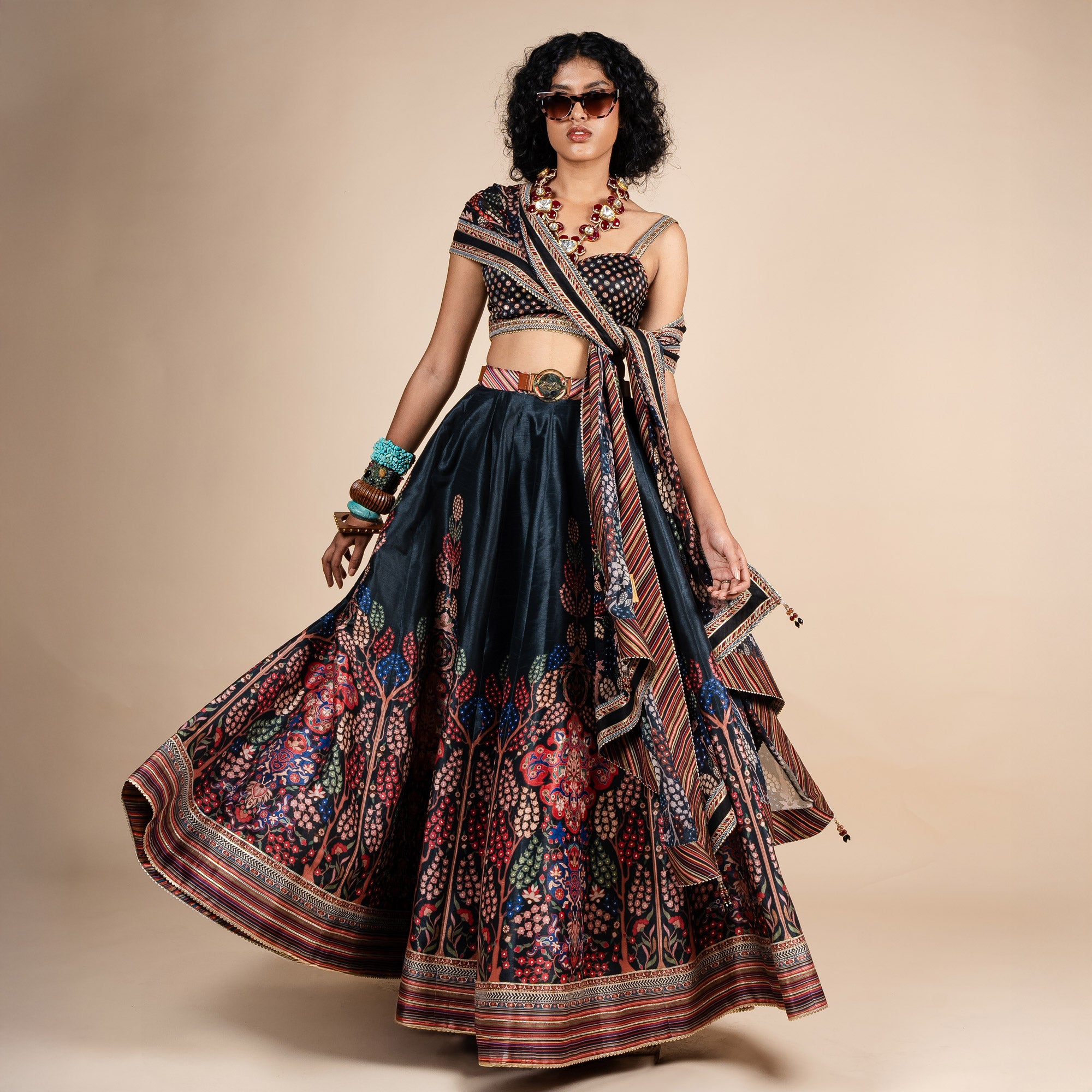 Midnight Blue Floral Print Stole | PANJ