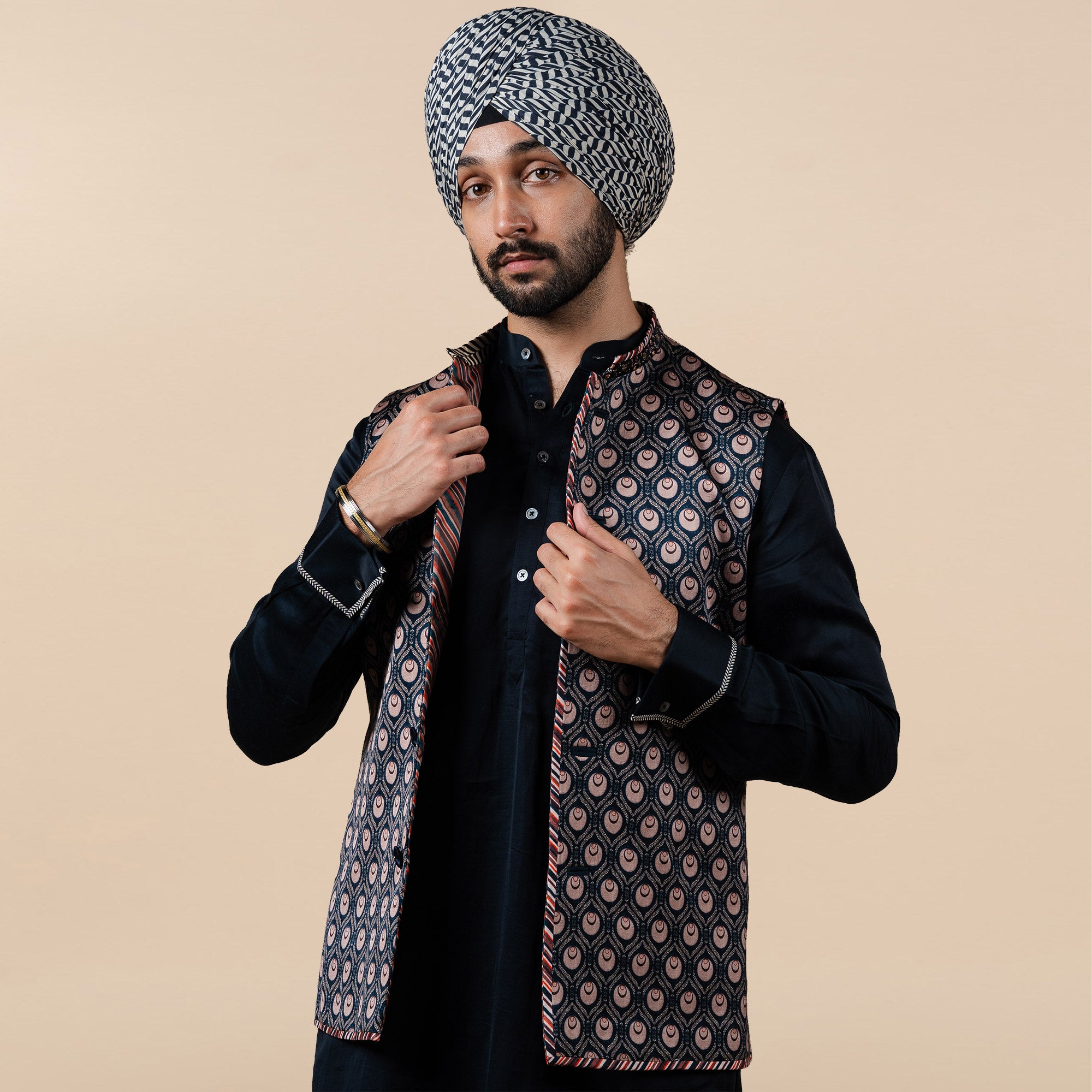 Midnight Blue Printed Nehru Jacket | PANJ