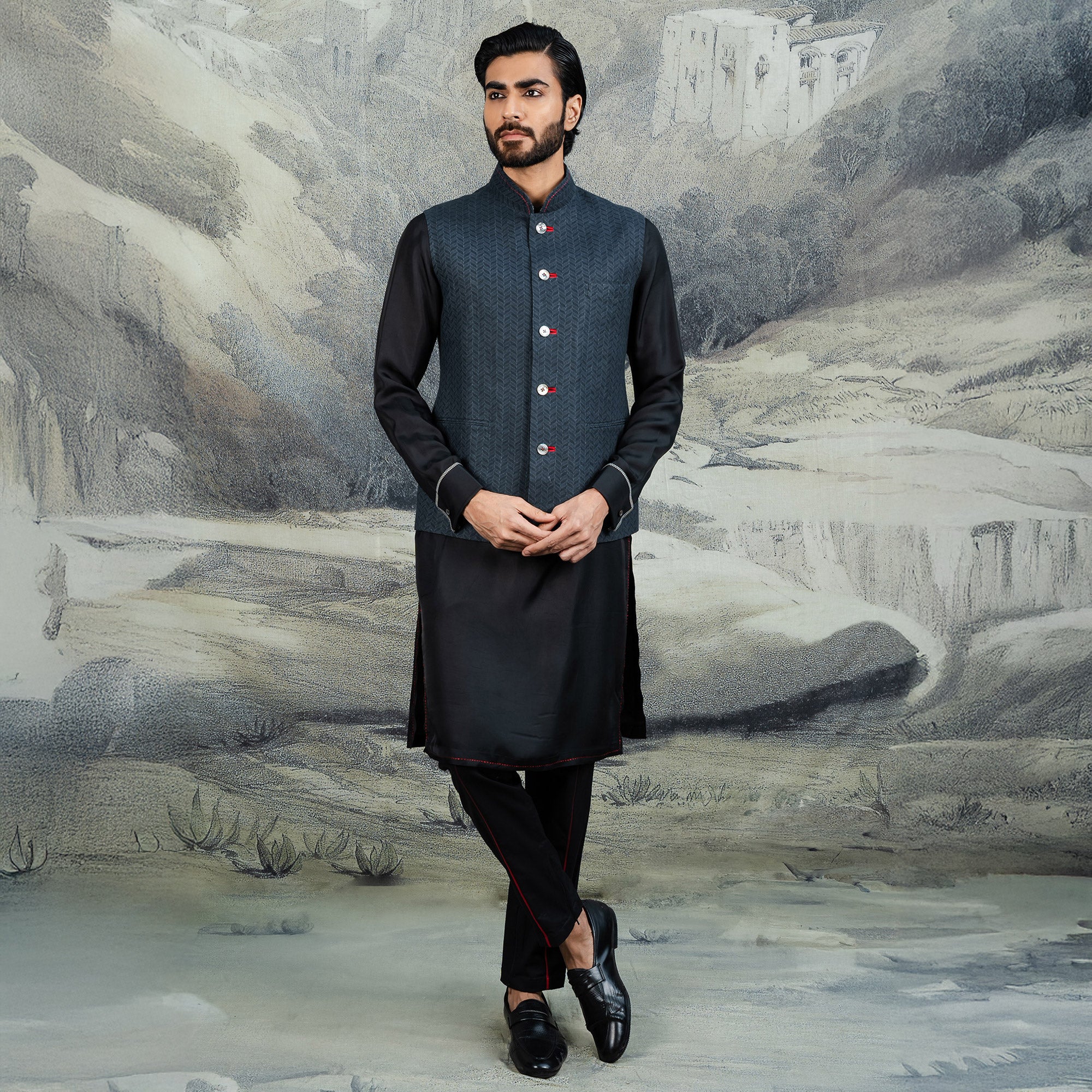 Navy Blue Chevron Nehru Jacket | CHAR