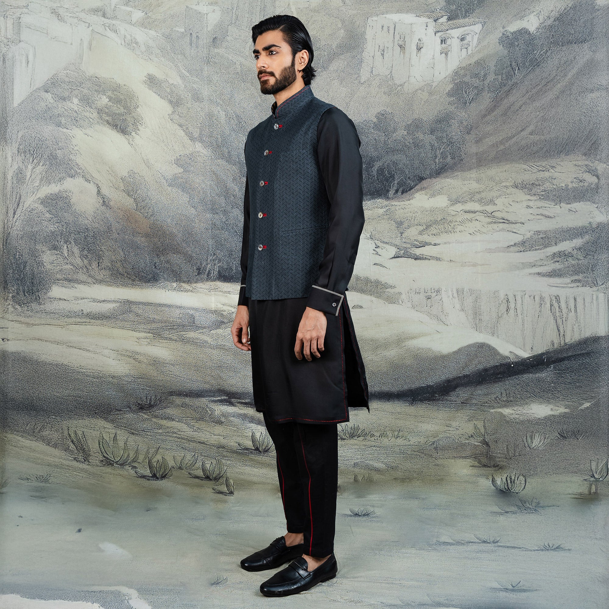 Navy Blue Chevron Nehru Jacket | CHAR