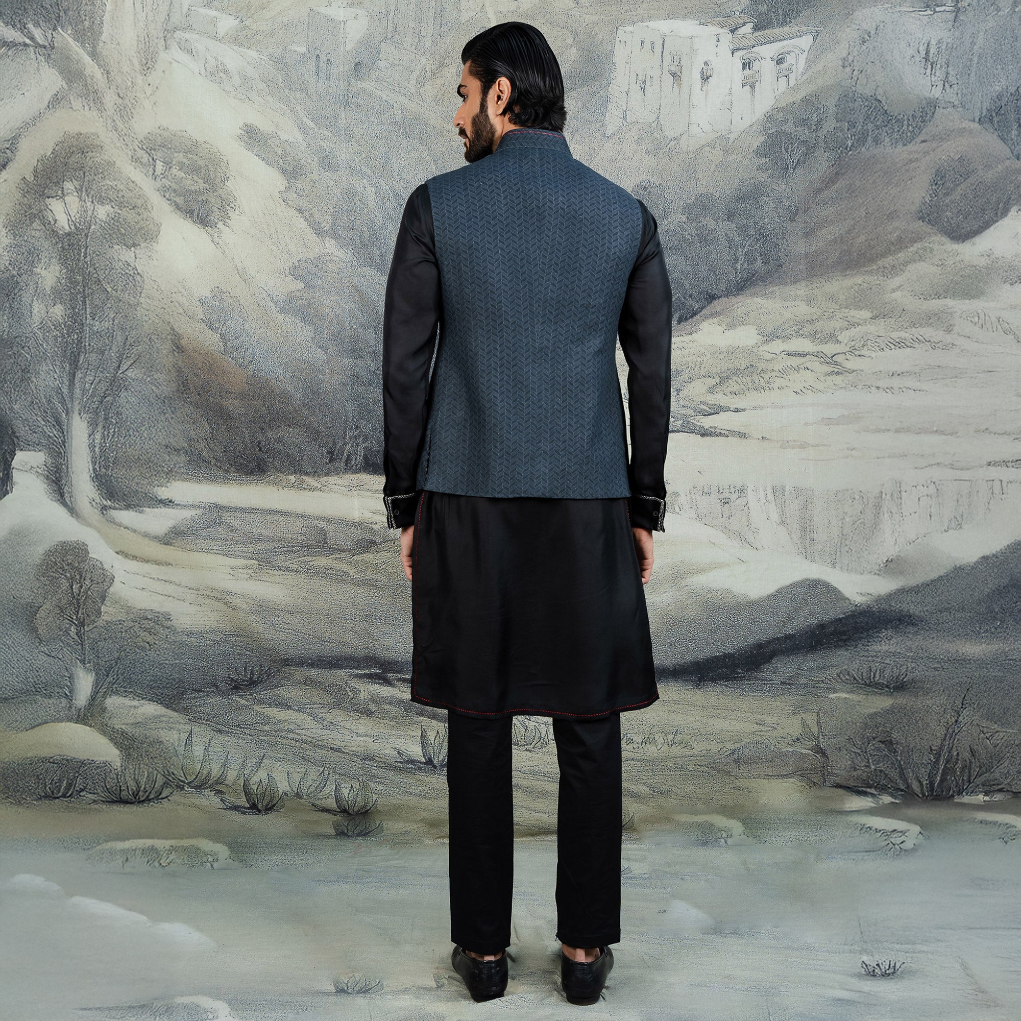 Navy Blue Chevron Nehru Jacket | CHAR