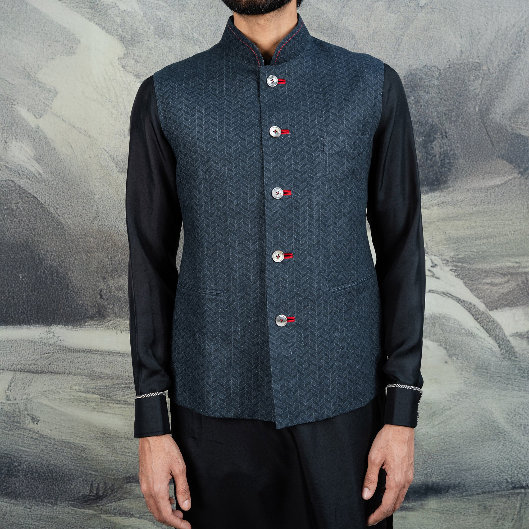 Navy Blue Chevron Nehru Jacket | CHAR