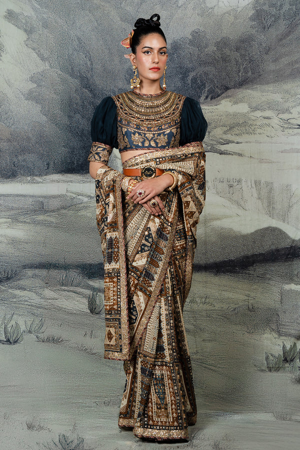 Navy Blue - Multi-Hued Saree Set | BARODA