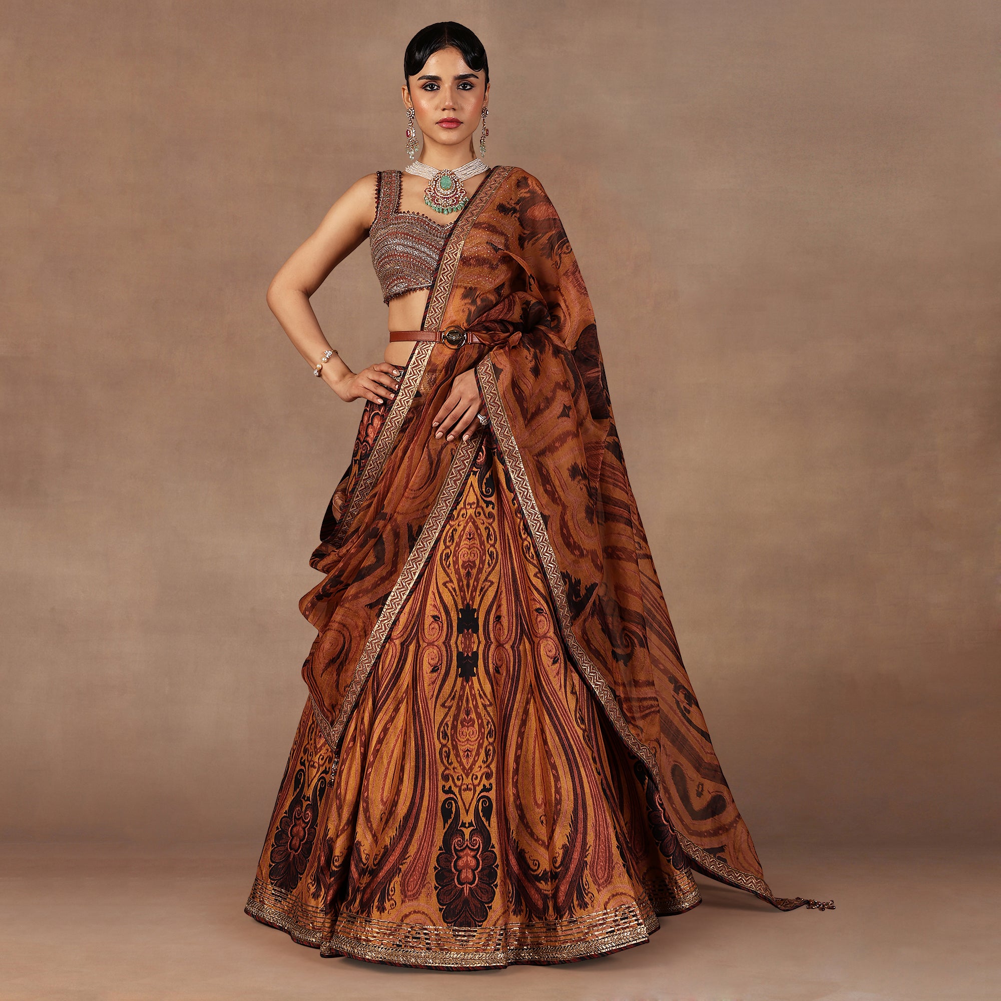 Ochre Mustard Jamawar Skirt Set | EAST