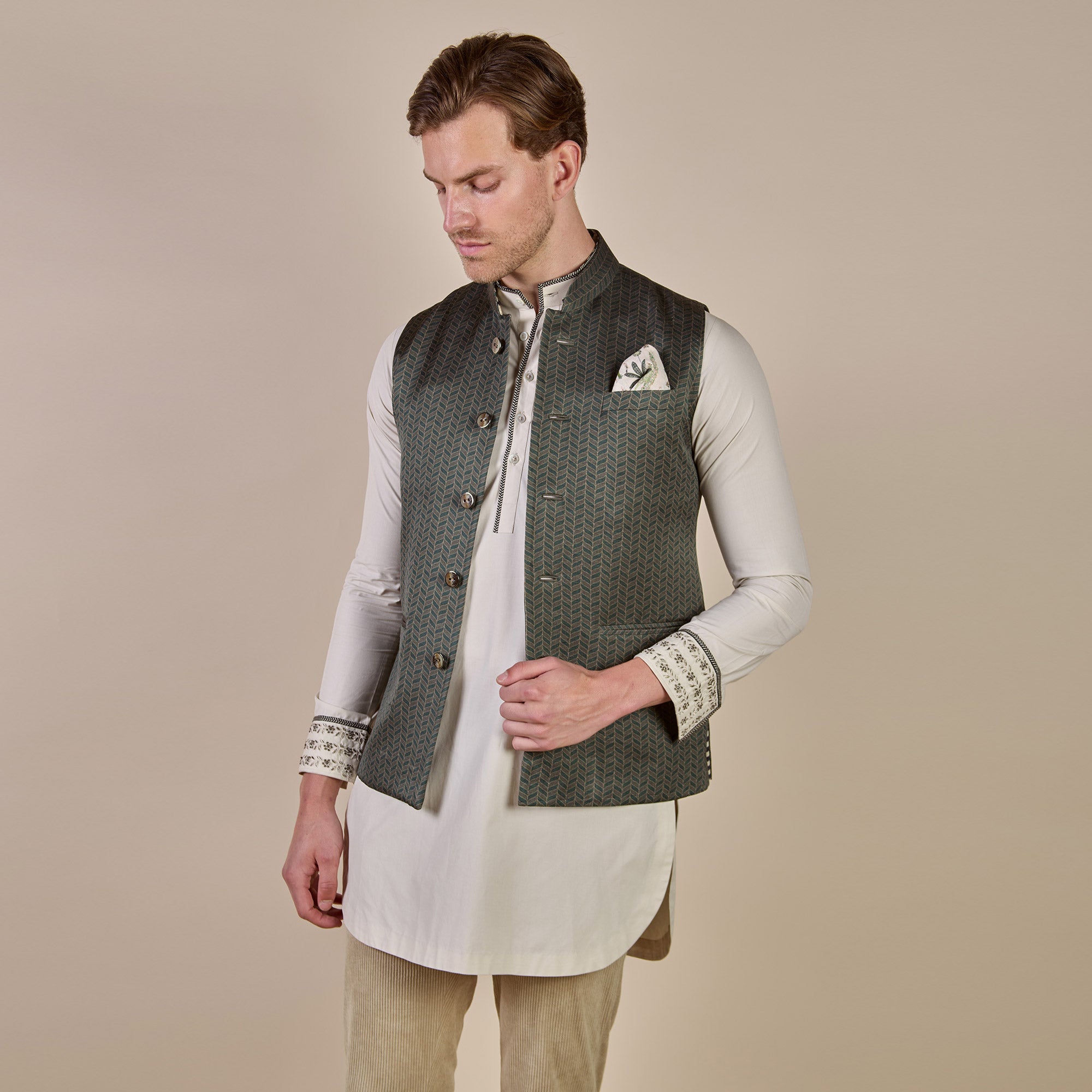 Olive Green Tonal Chevron Nehru Jacket | CHHĒ
