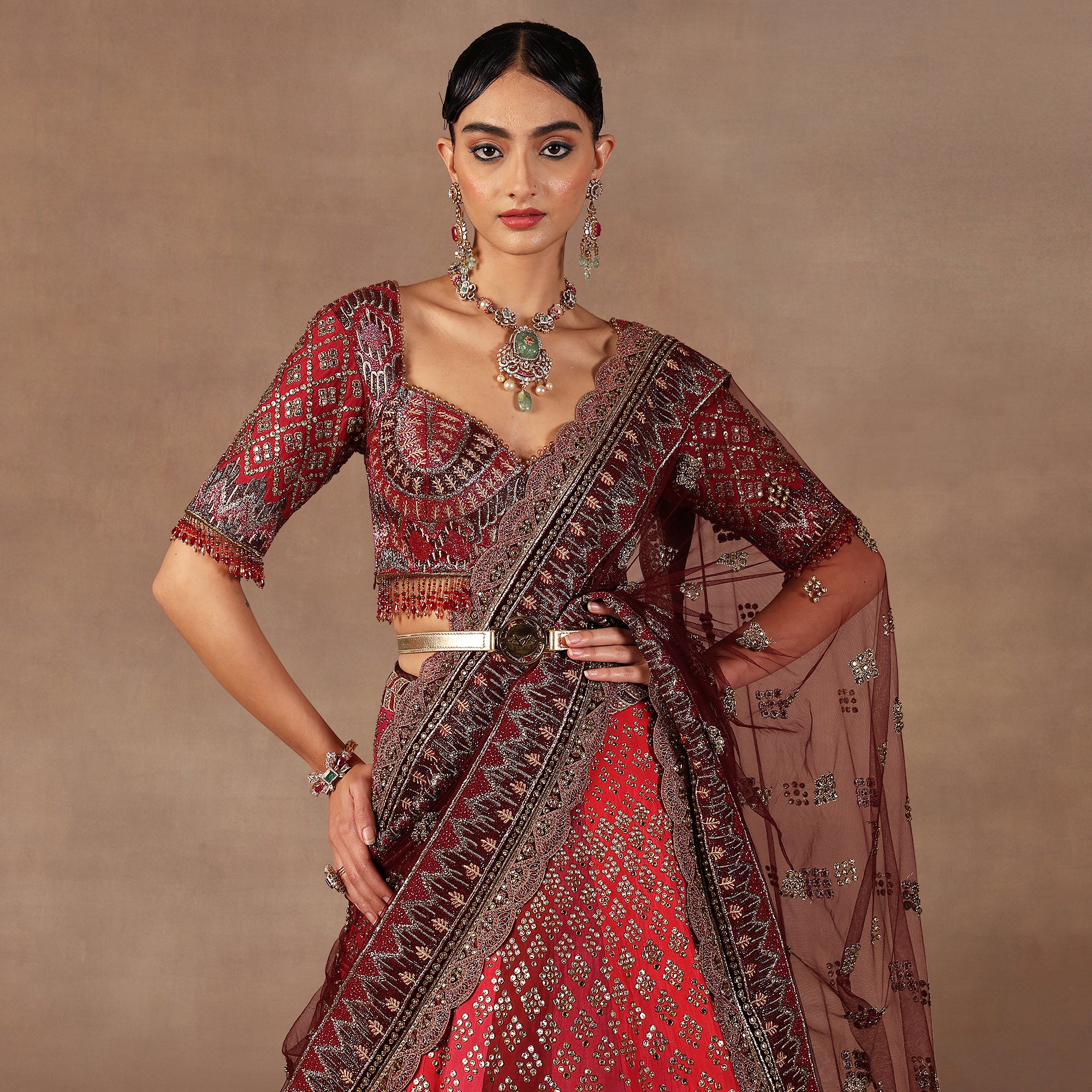 Red - Burgundy Ombre Lehenga Set | EAST