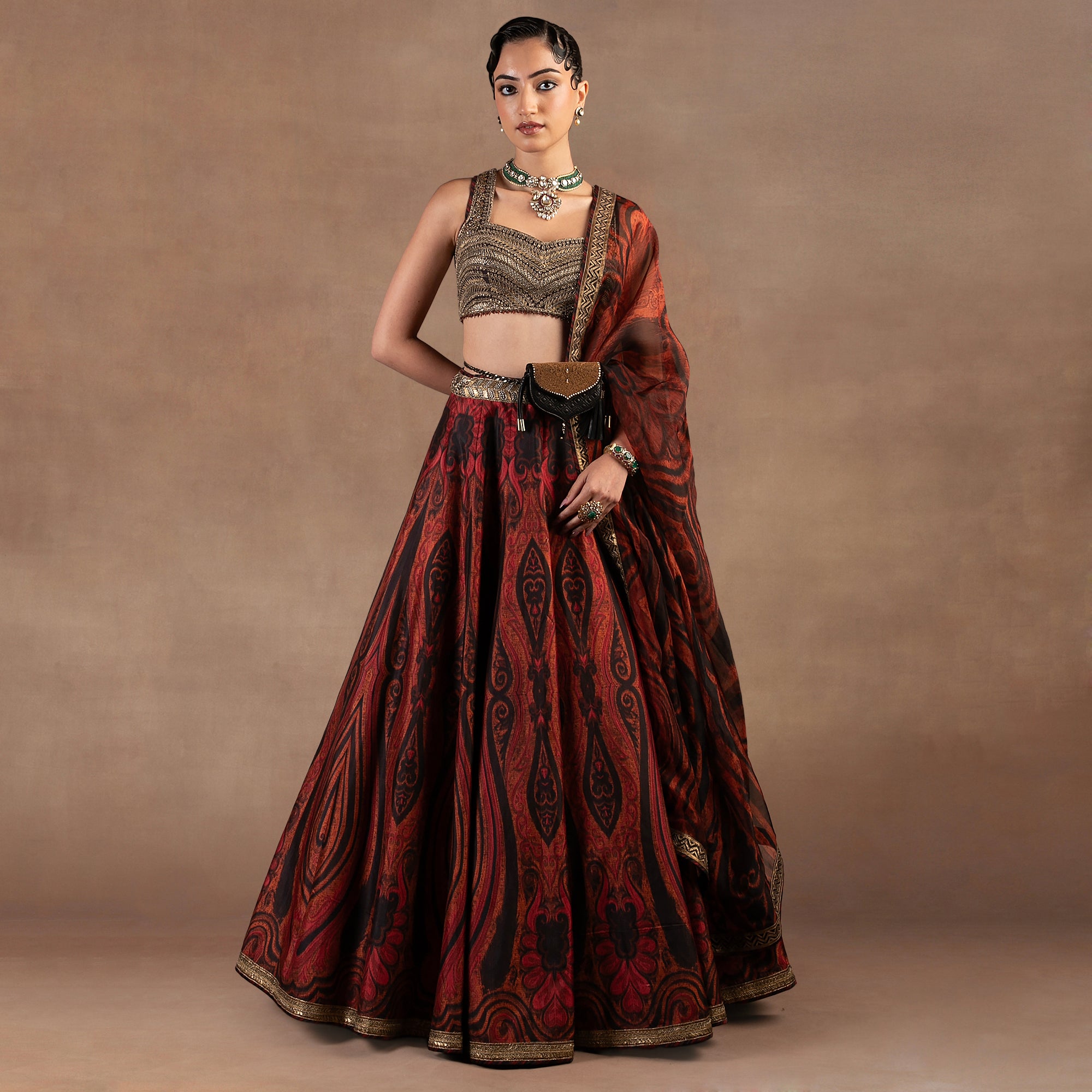 Red Jamawar Skirt  Set | EAST