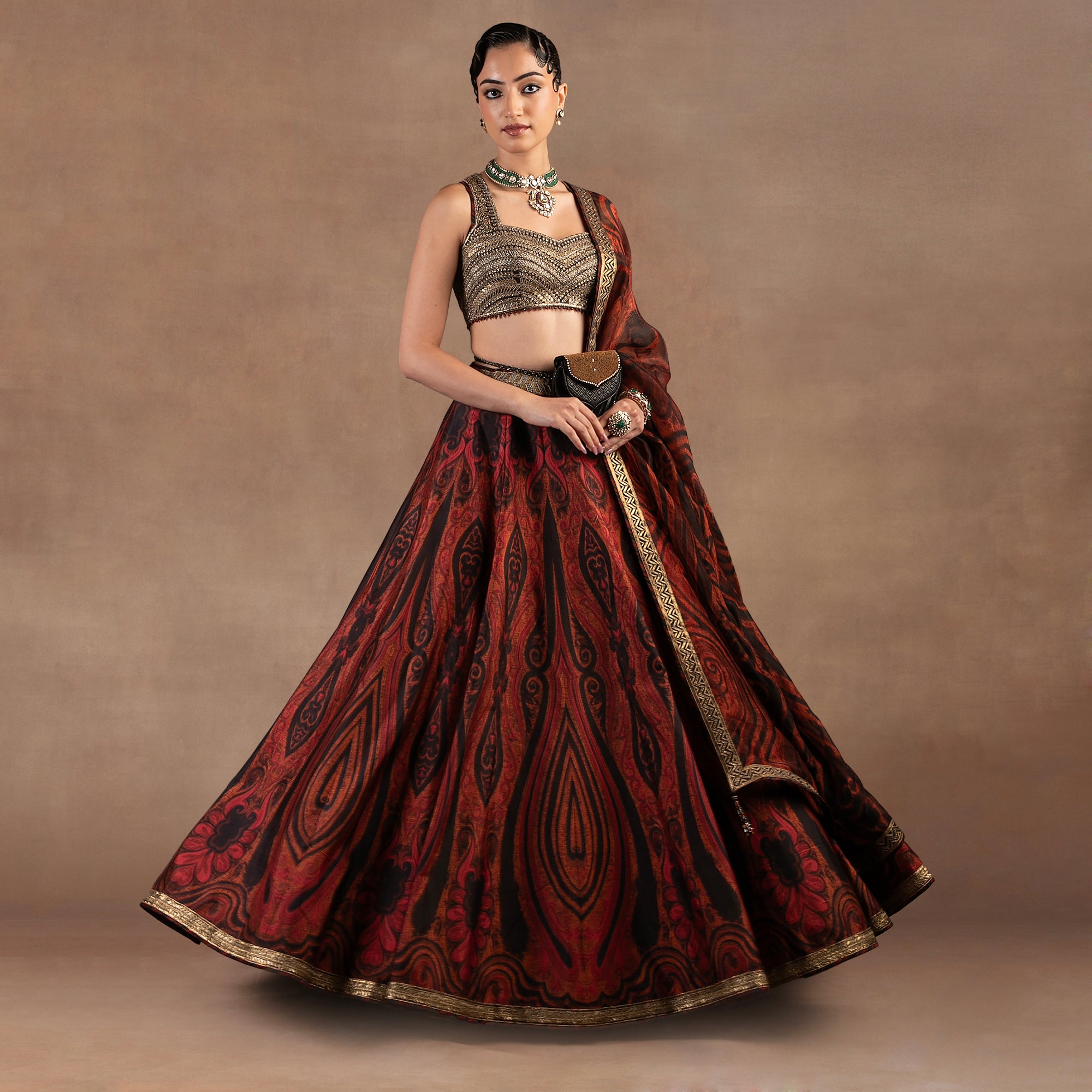 Red Jamawar Skirt  Set | EAST