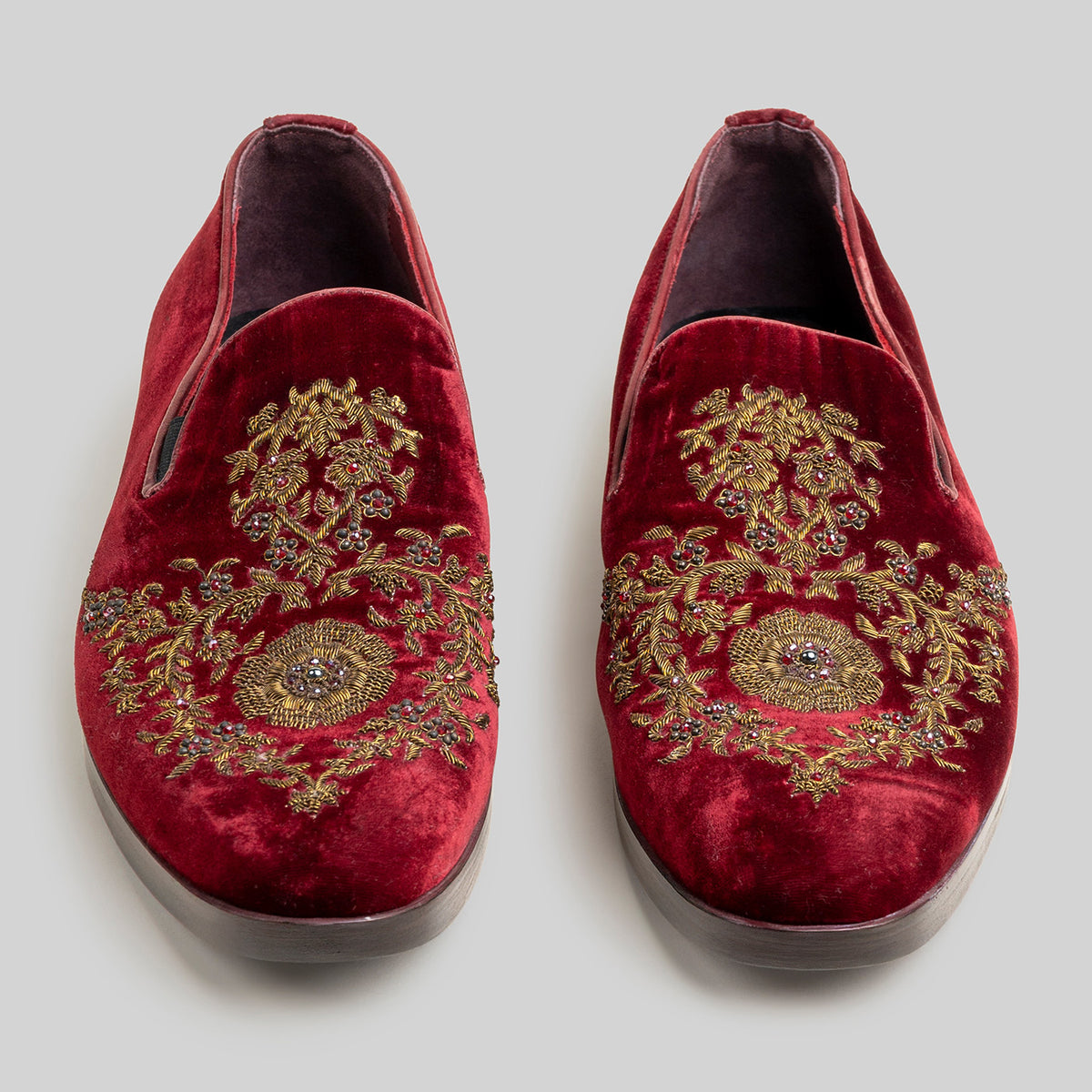 Burgundy Embroidered Velvet Loafers