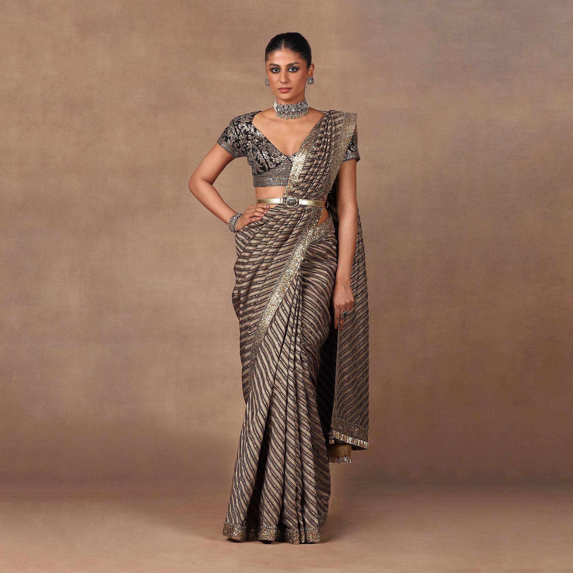 Soft Beige - Black Saree Set | MURAQQA