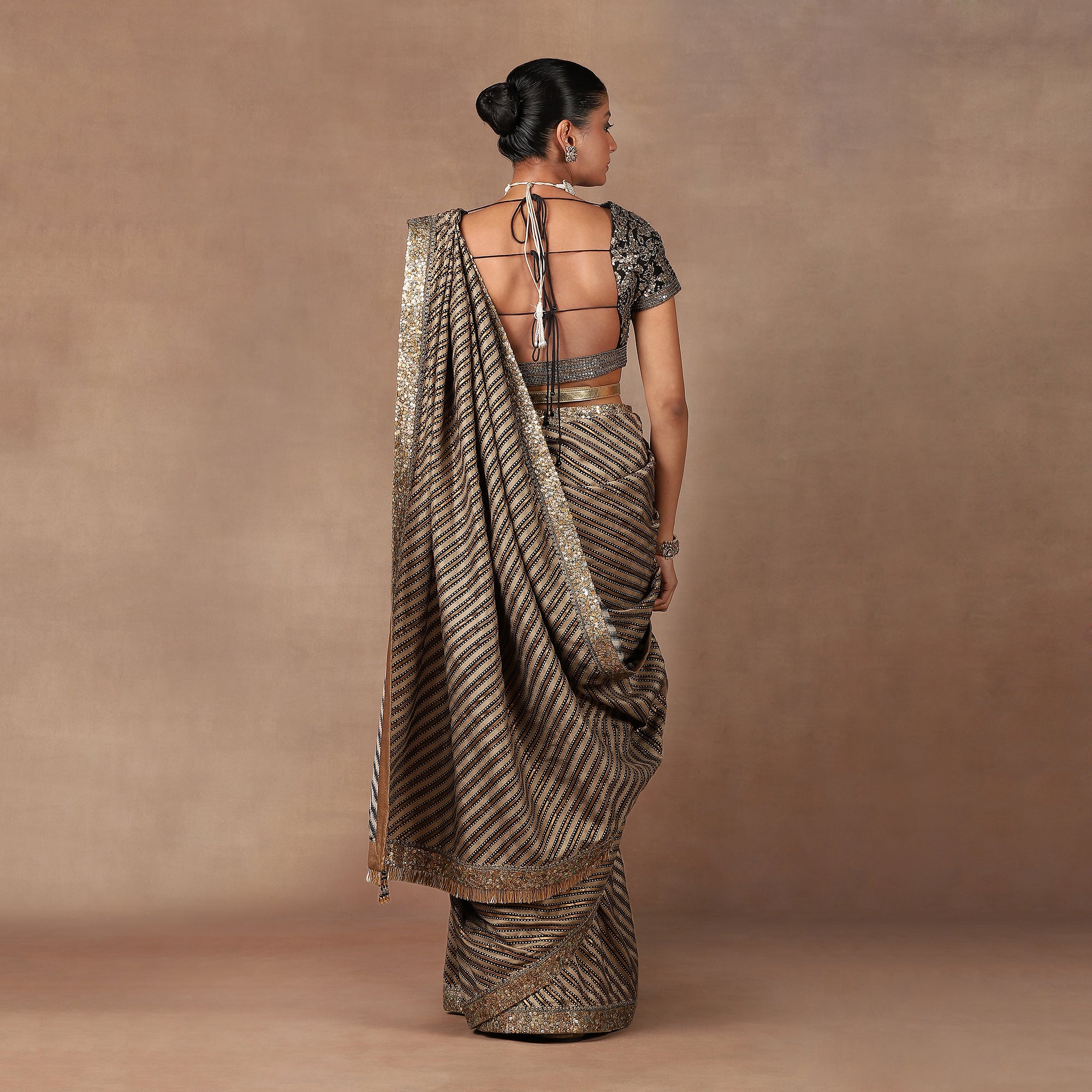 Soft Beige - Black Saree Set | MURAQQA