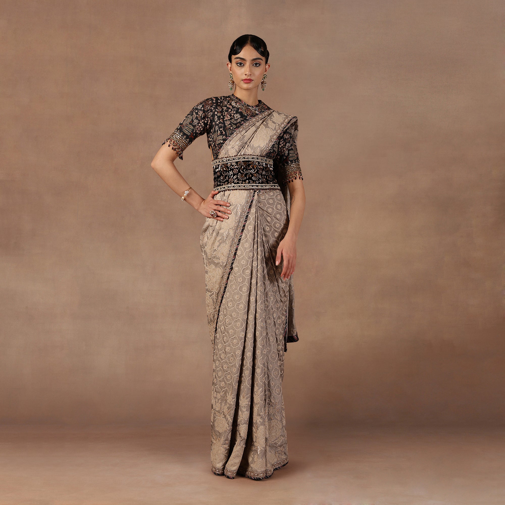 Taupe - MIdnight Blue Saree Set | EAST