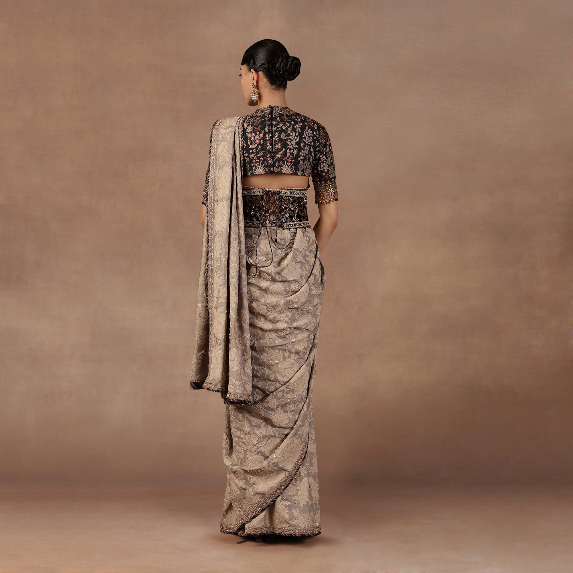 Taupe - MIdnight Blue Saree Set | EAST