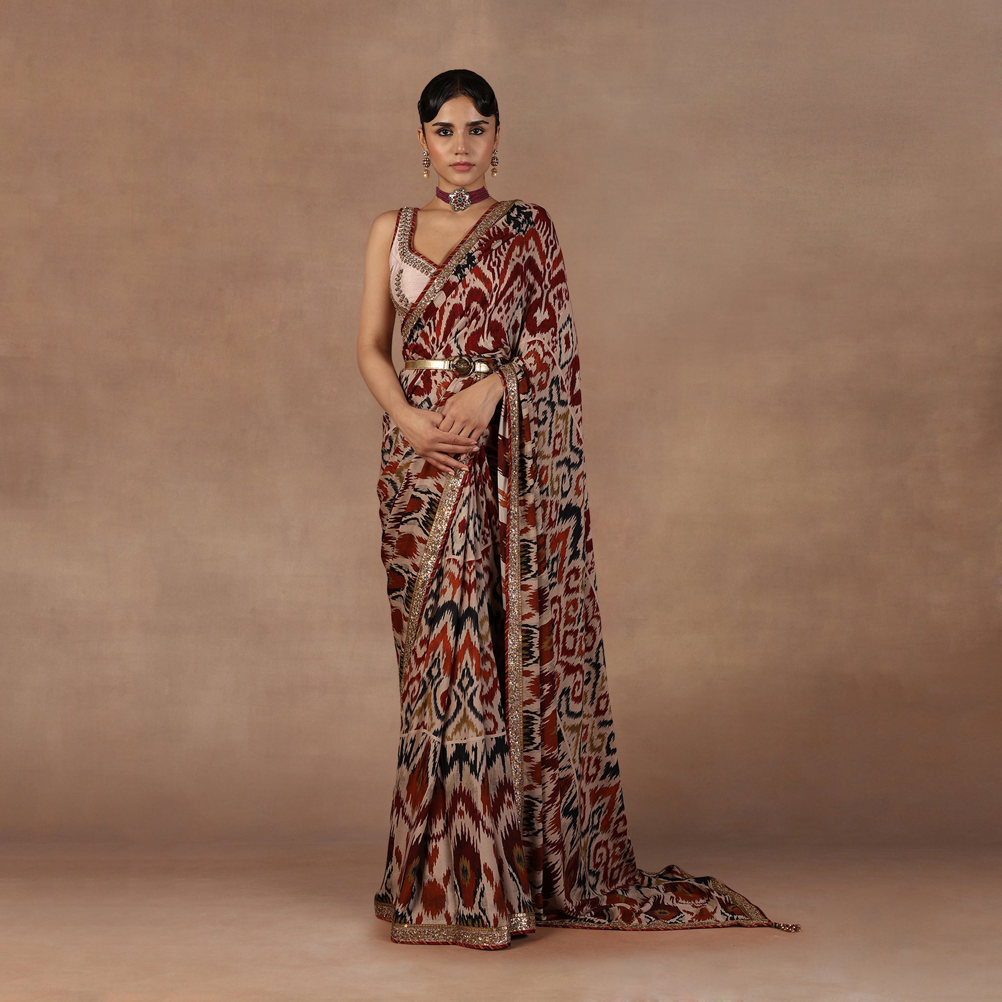 Taupe - Multihued Ikat Saree Set | EAST