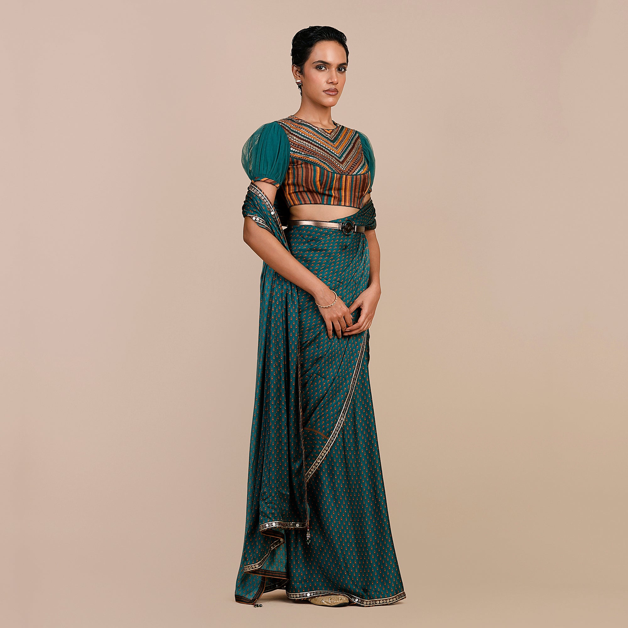 Teal Green - Mustard Yellow Saree Set | SATT
