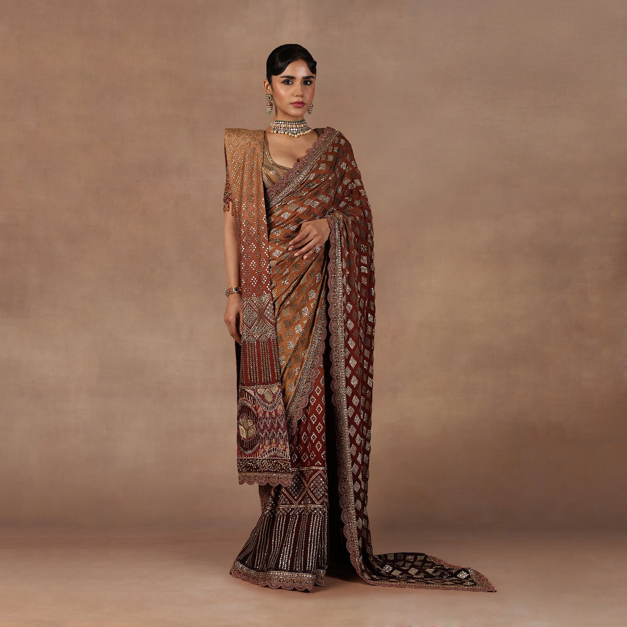 Walnut - Red Ombre Saree Set | EAST