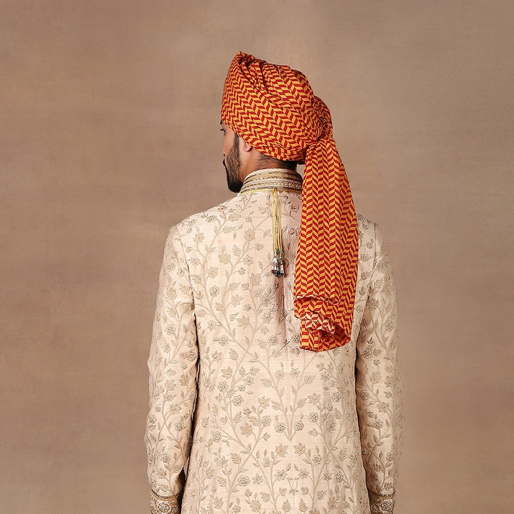 Amber Yellow - Red Chevron Printed Safa | MURAQQA