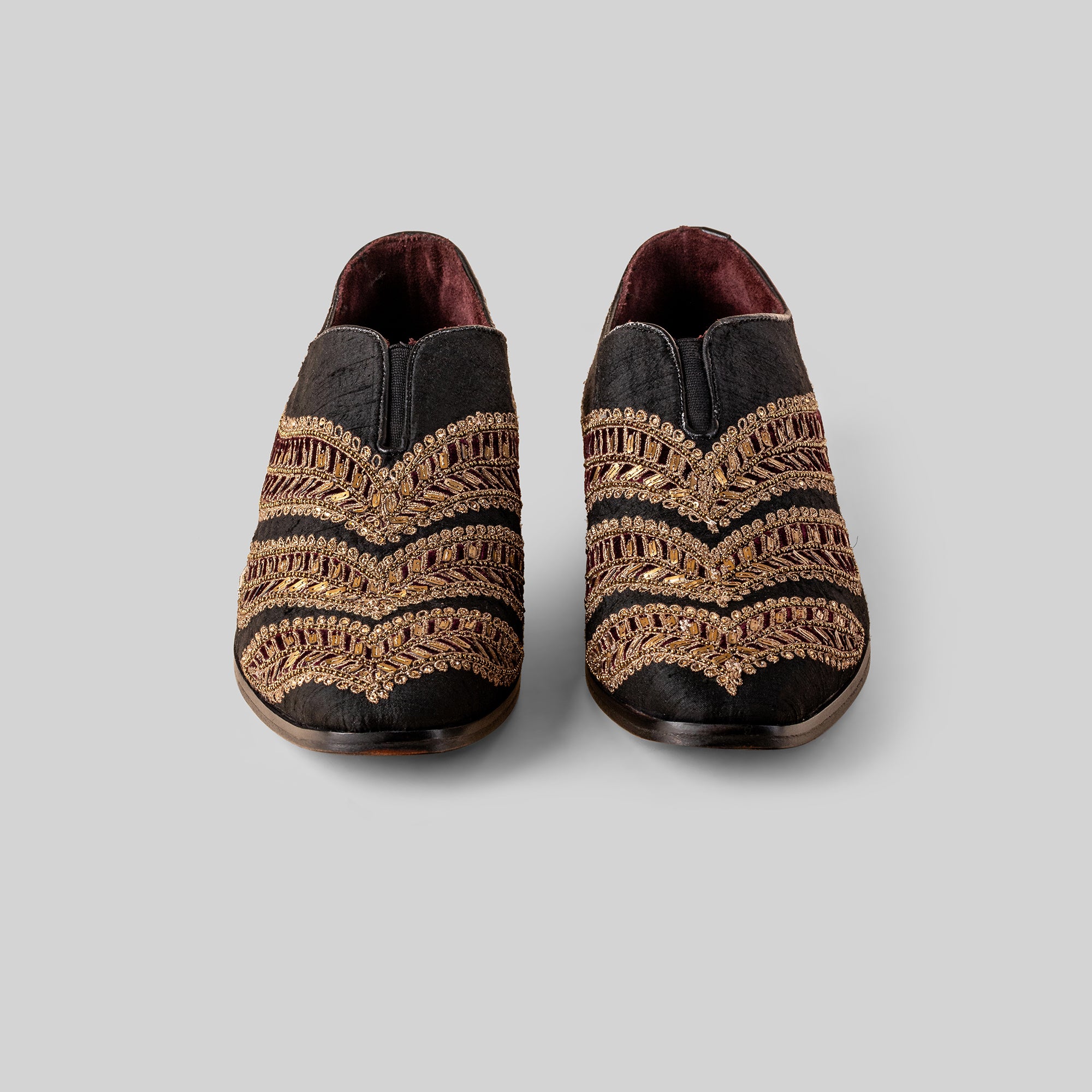 Antique Gold - Black Embroidered Loafers