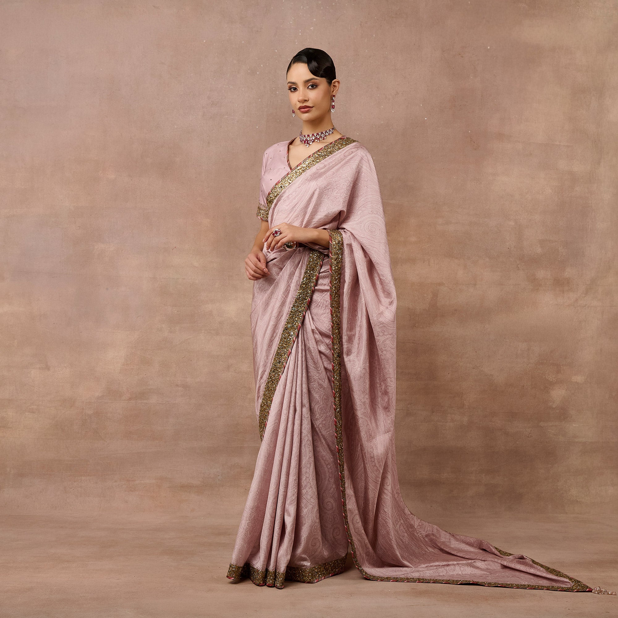 Baby Pink Jamawar Saree Set | EAST