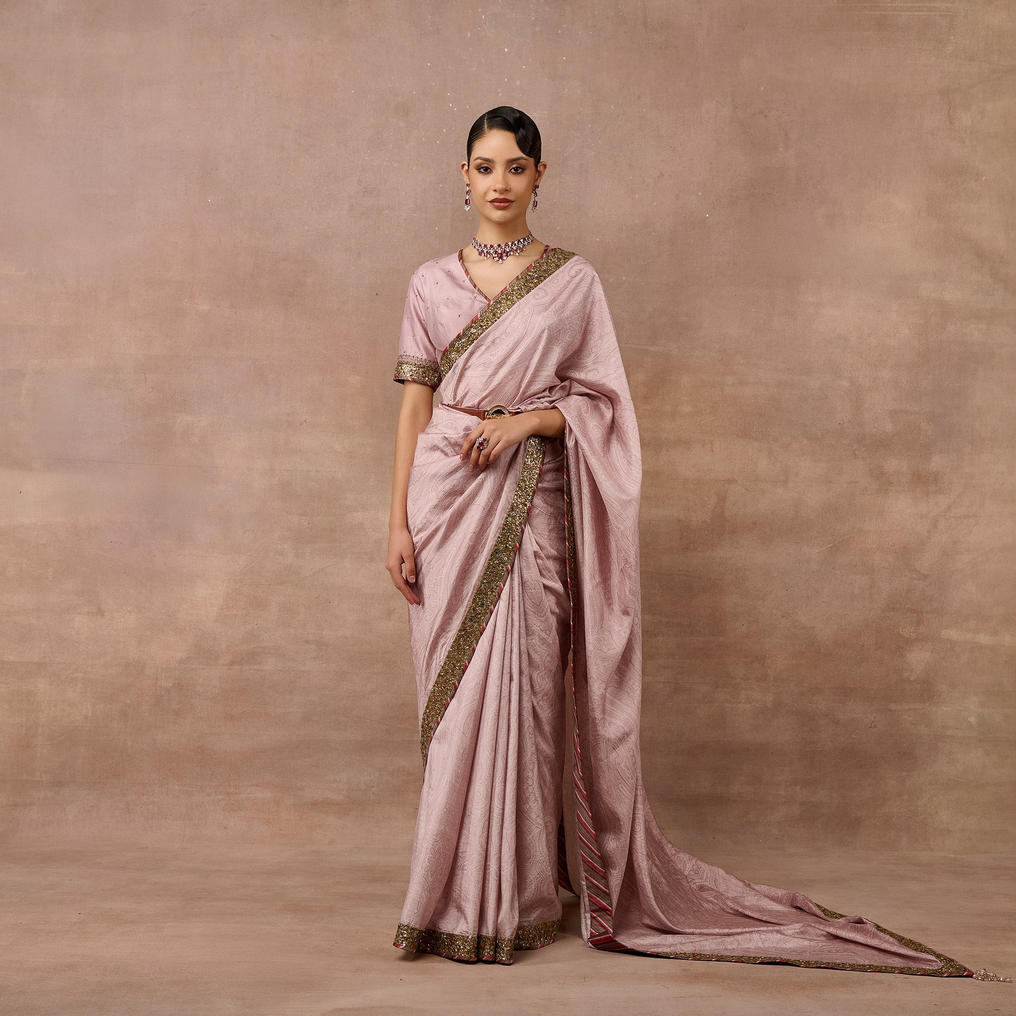 Baby Pink Jamawar Saree Set | EAST