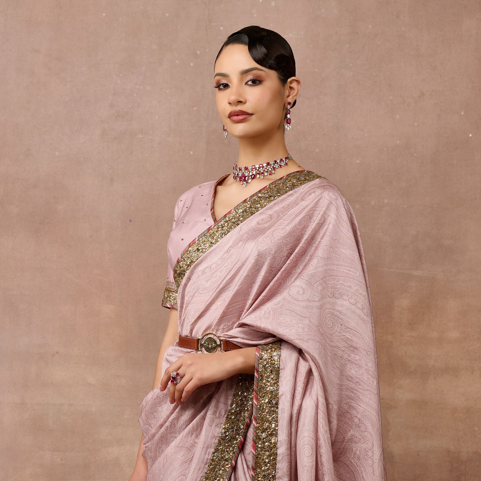 Baby Pink Jamawar Saree Set | EAST