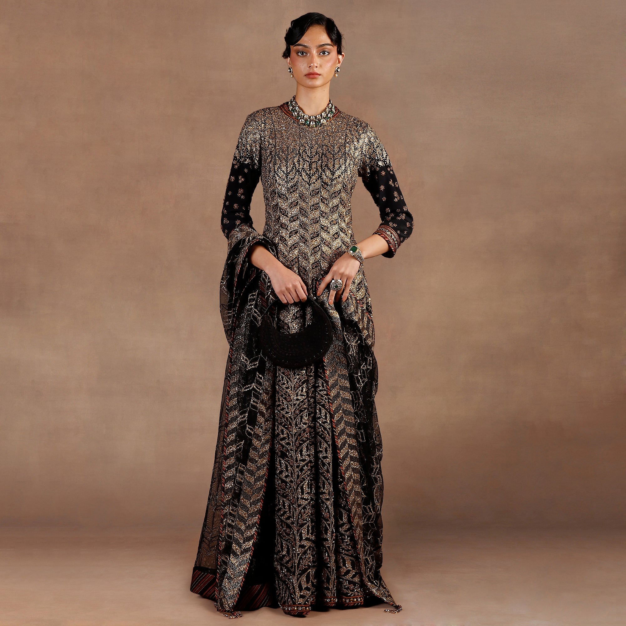 Black - Gold Chevron Anarkali Set | EAST