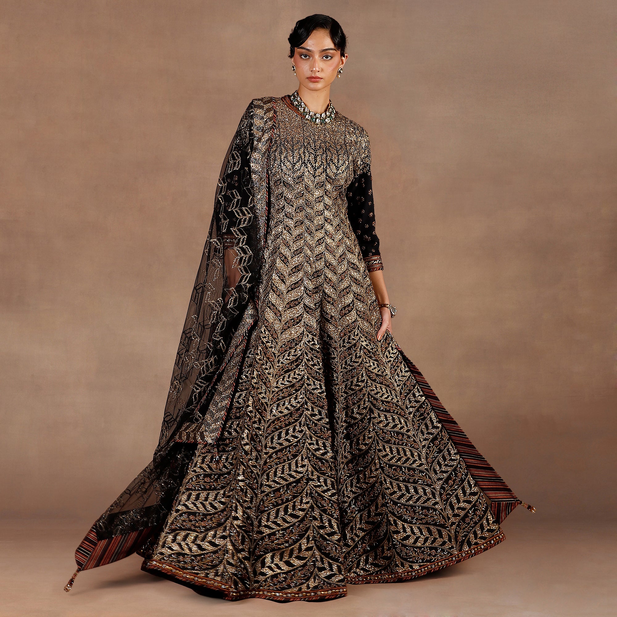 Black - Gold Chevron Anarkali Set | EAST