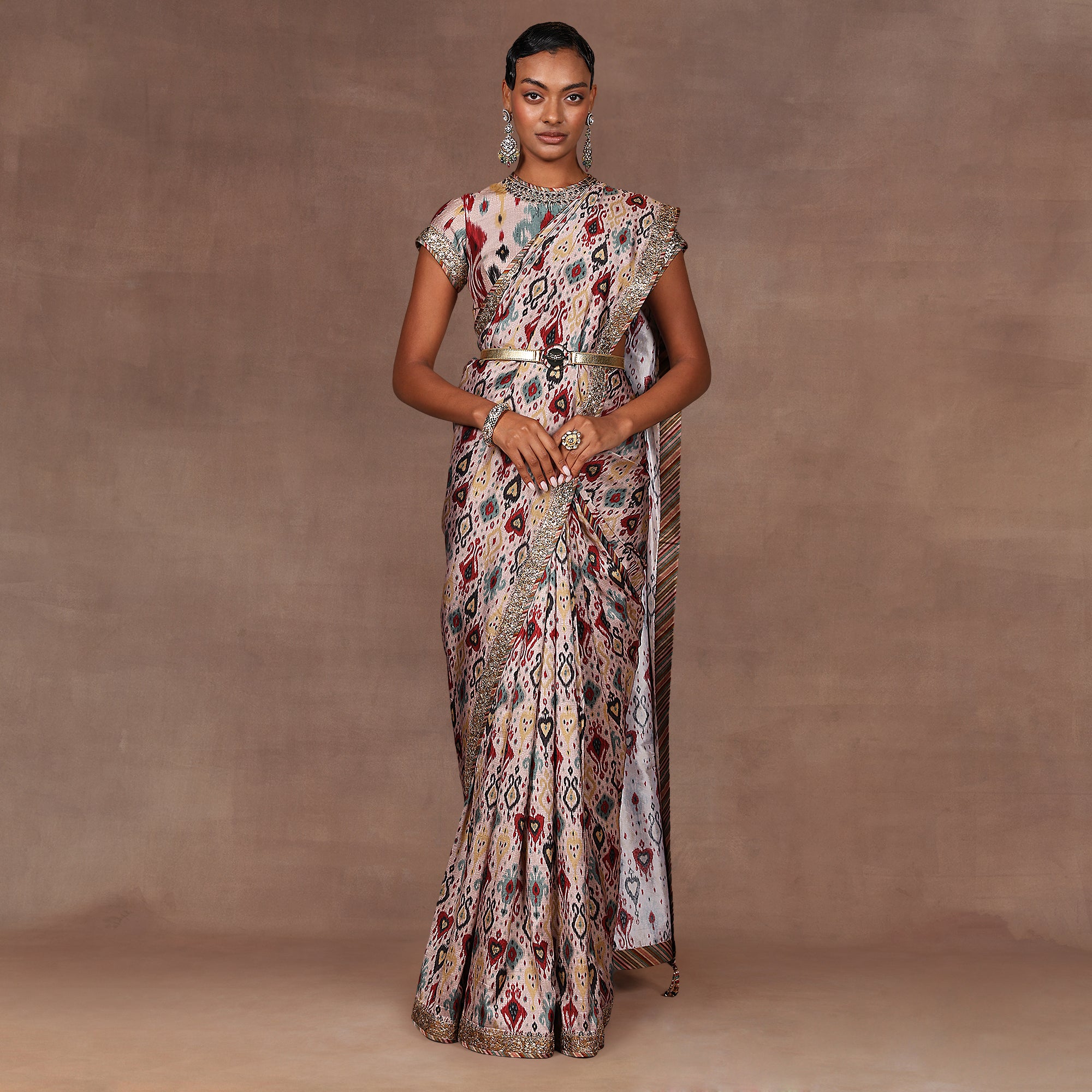Blush Taupe Ikat Print Saree Set | EAST