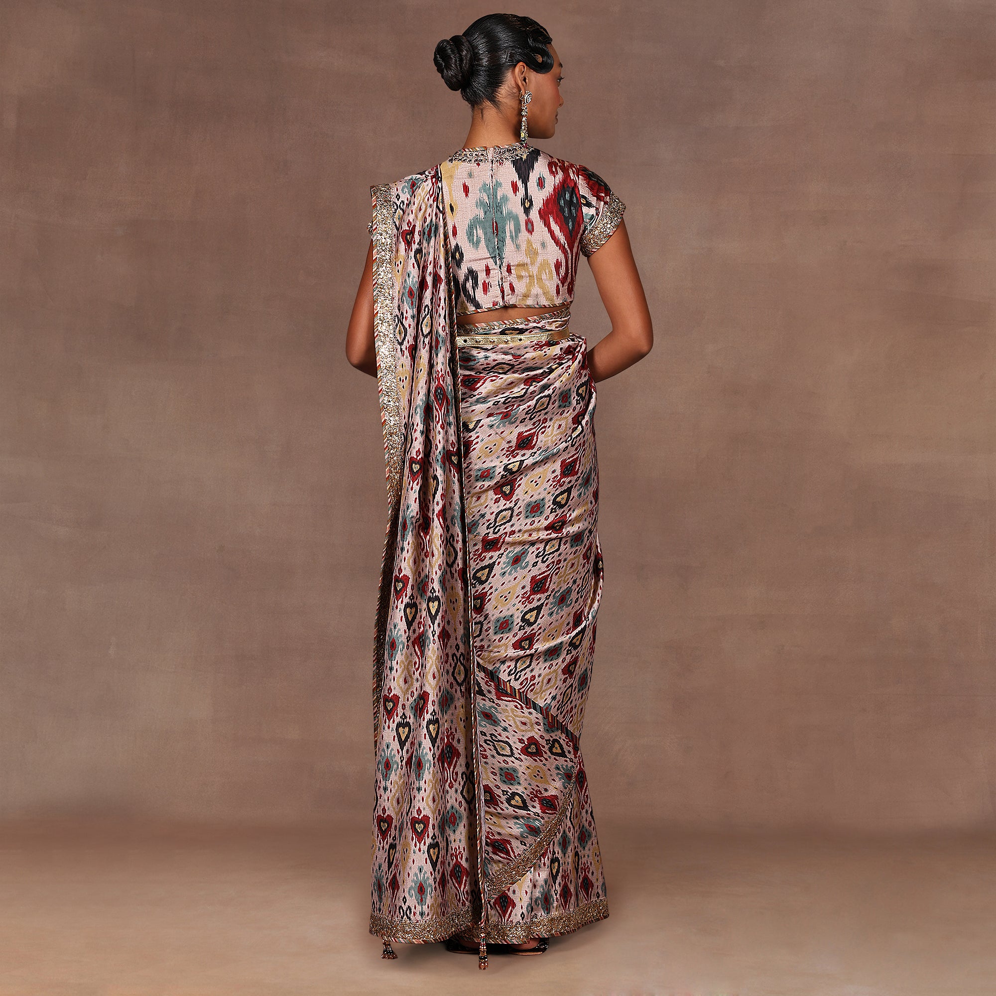Blush Taupe Ikat Print Saree Set | EAST