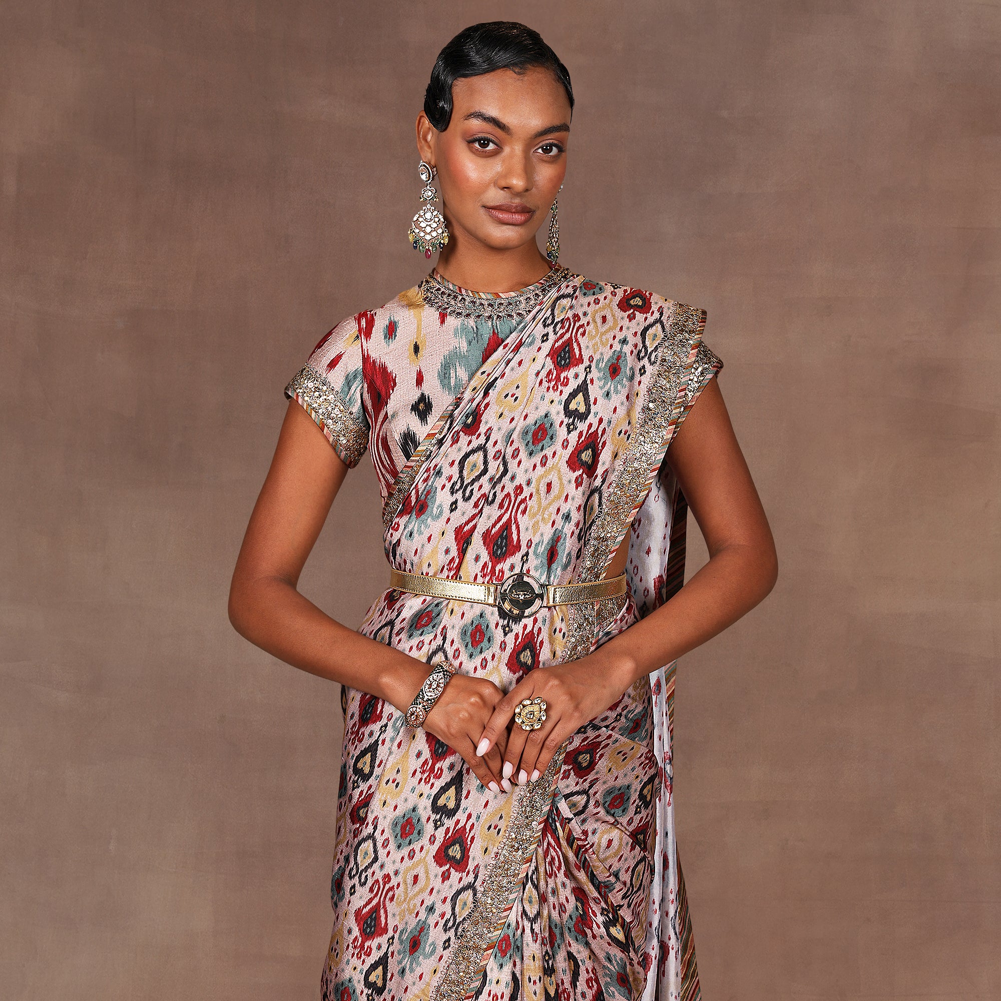 Blush Taupe Ikat Print Saree Set | EAST