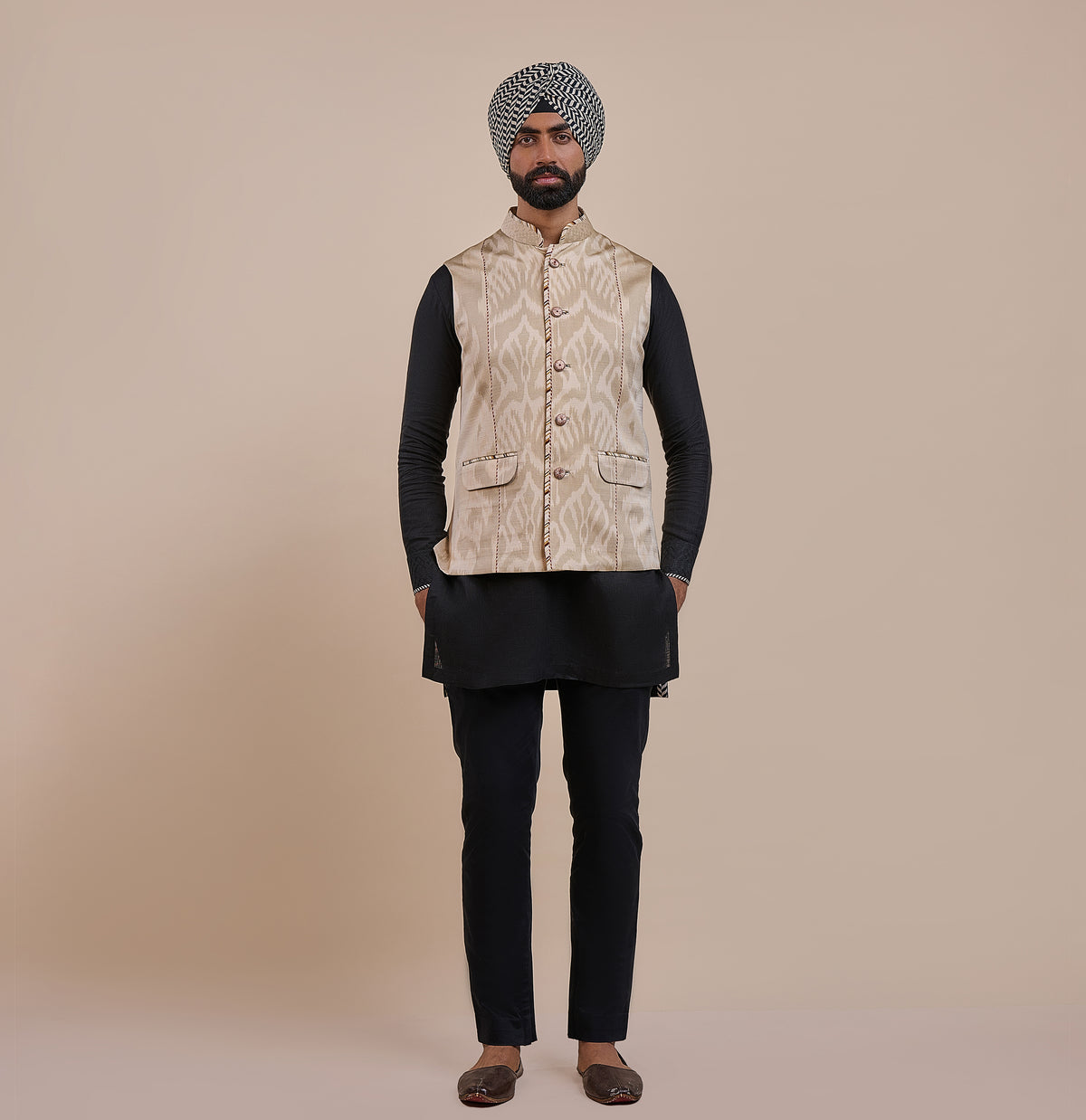 Crème Ivory Ikat Nehru Jacket | ATTH