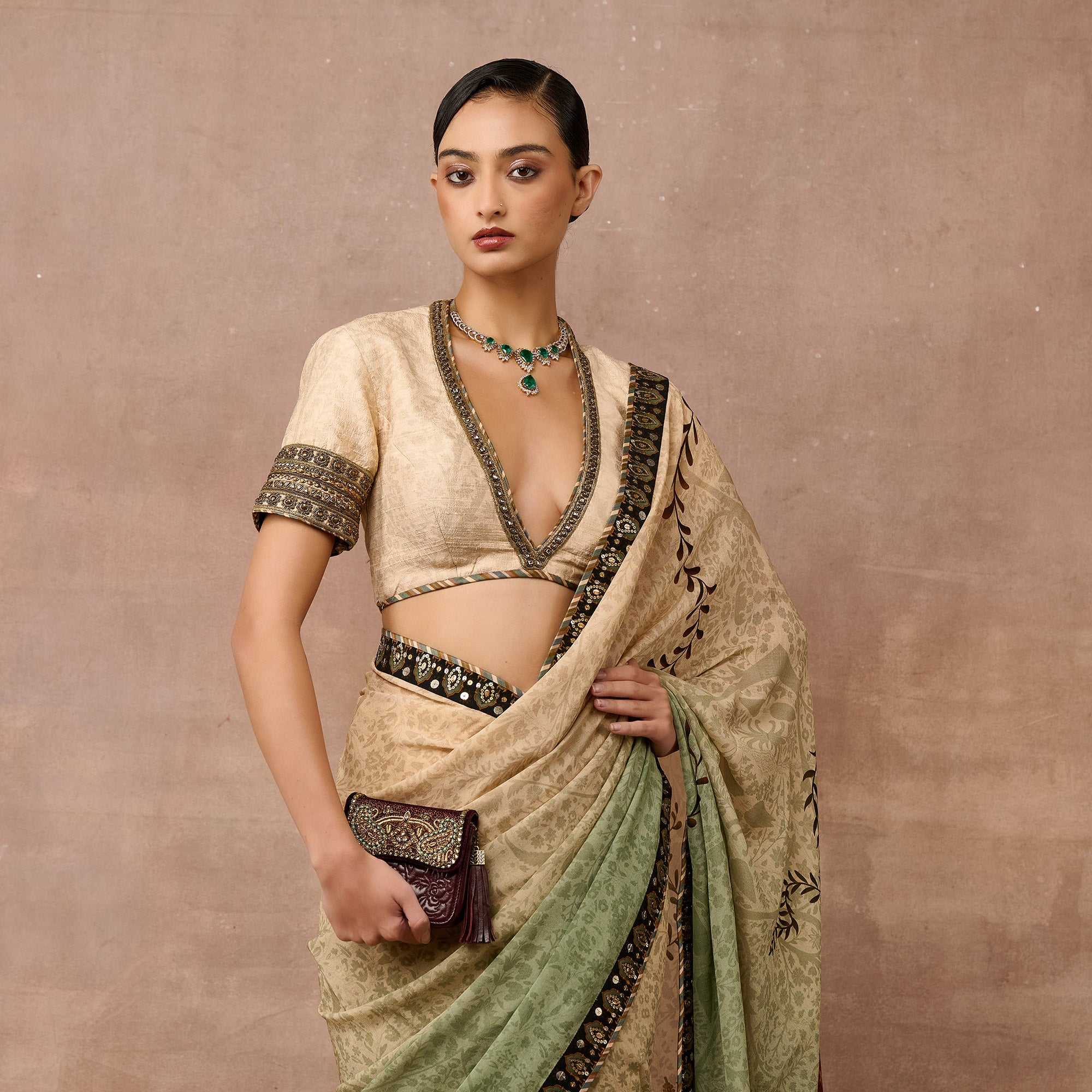 Crème Ivory - Mint Green Ombre  Saree Set | EAST