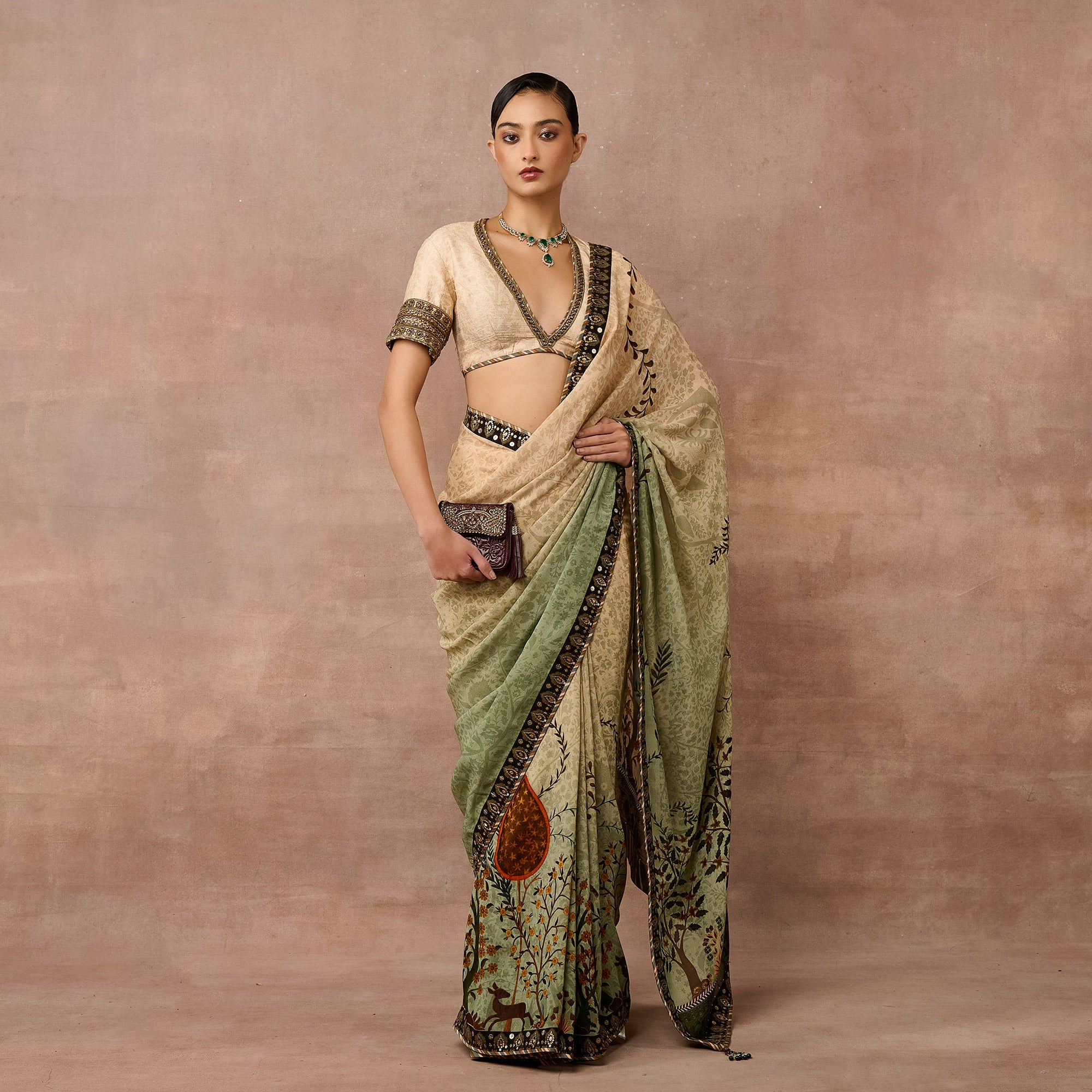 Crème Ivory - Mint Green Ombre  Saree Set | EAST