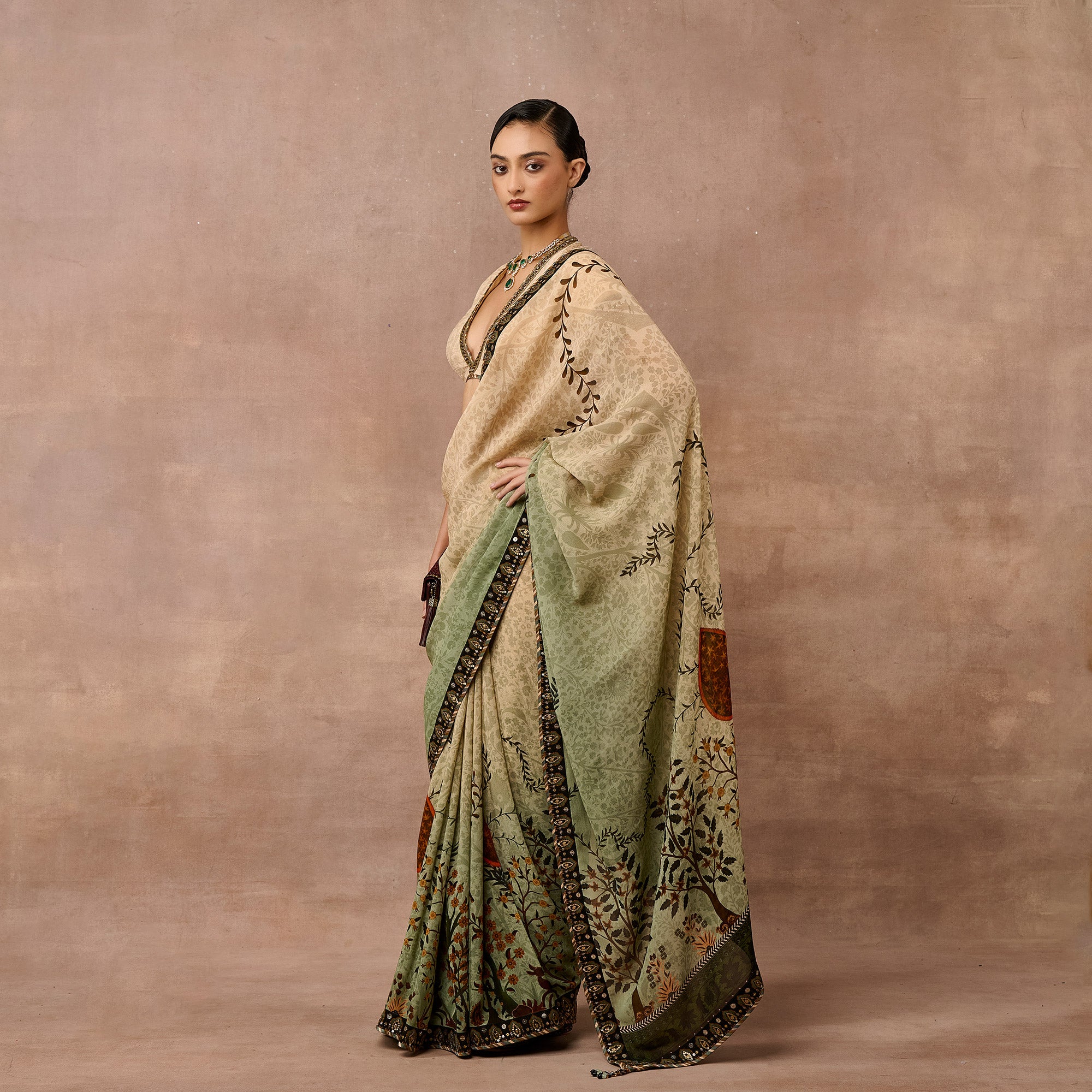Crème Ivory - Mint Green Ombre  Saree Set | EAST