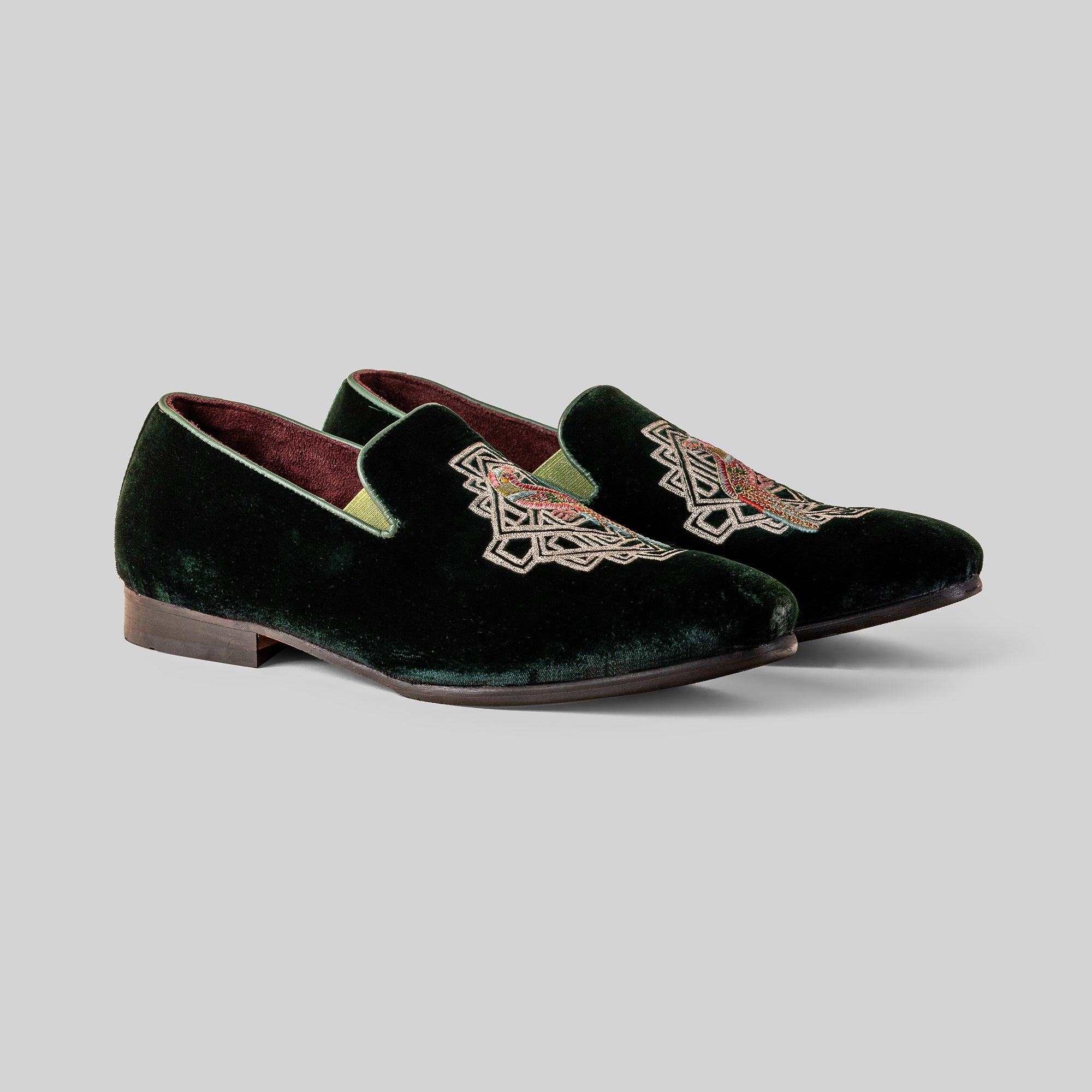 Emerald Velvet Embroidered Loafers