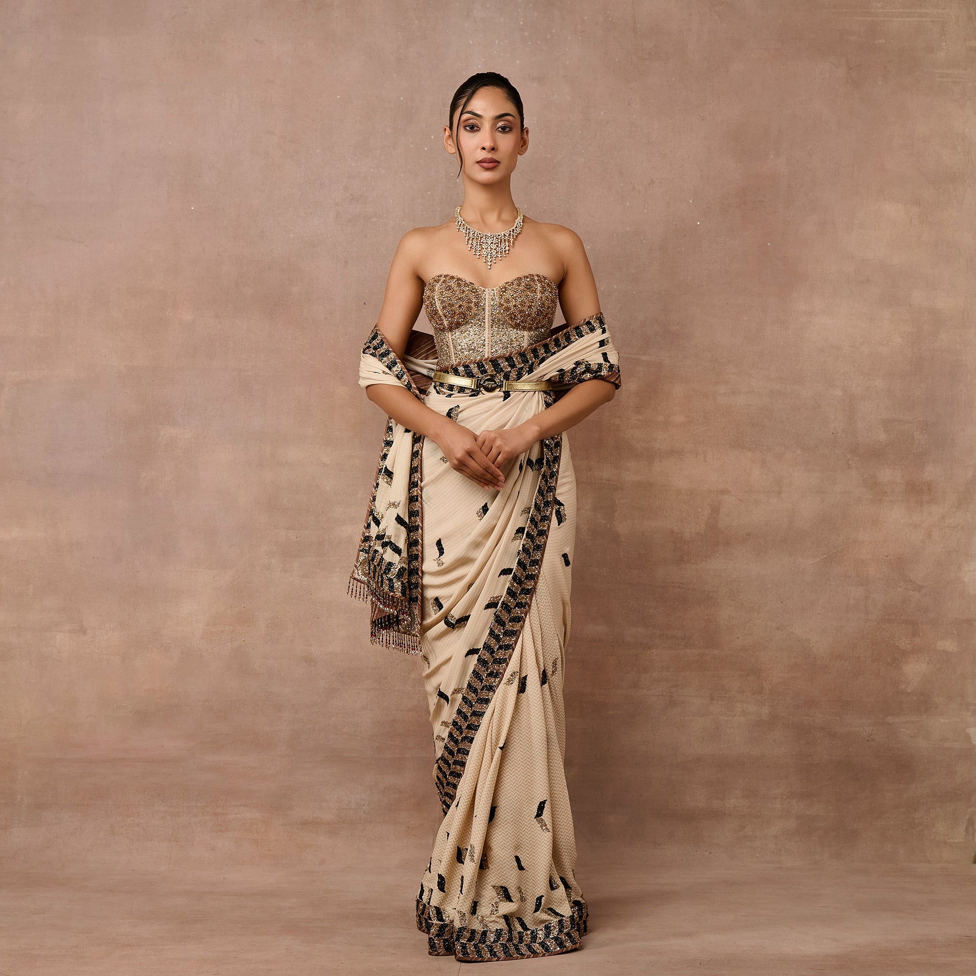 Ivory Chevron Saree Set | EAST