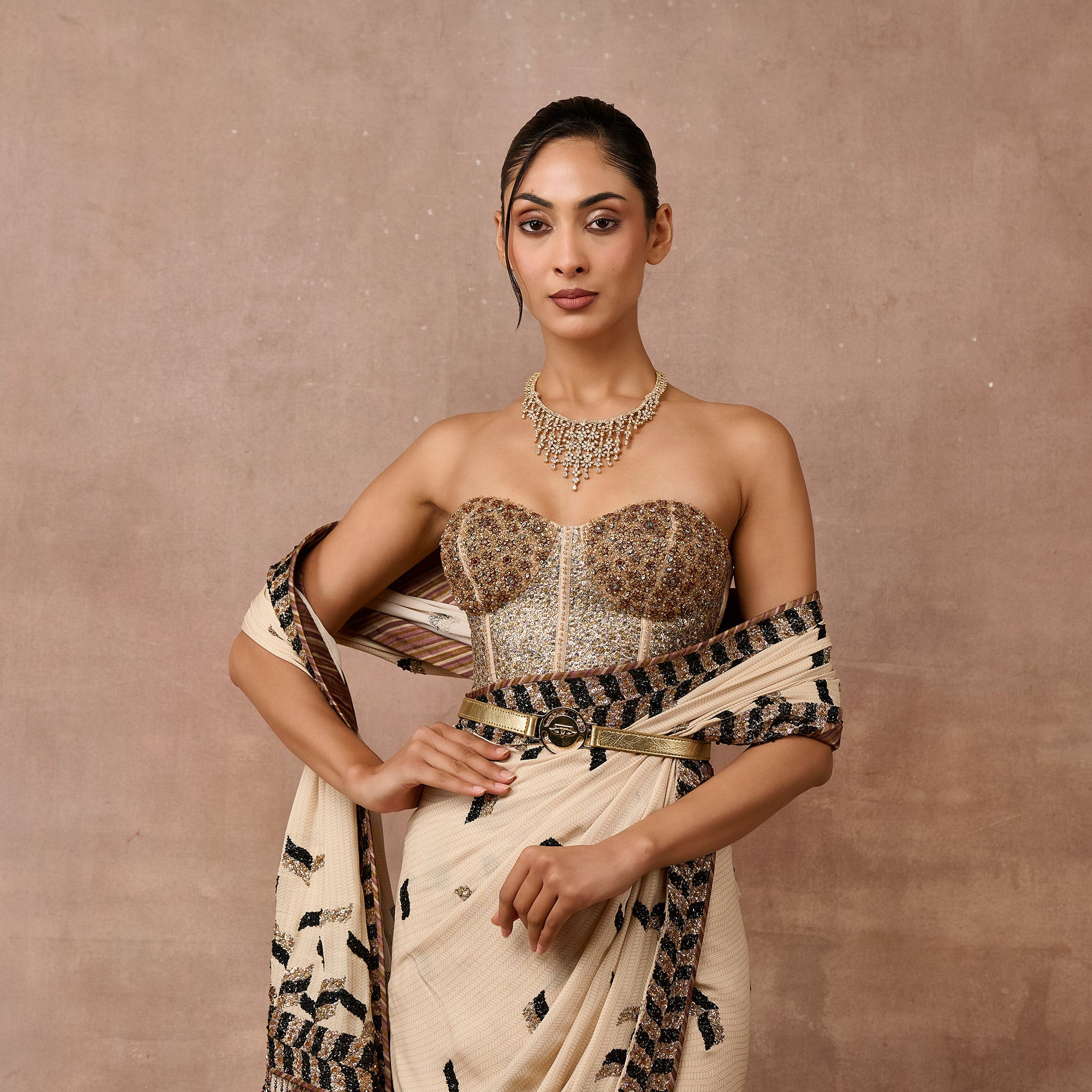Ivory Chevron Saree Set | EAST
