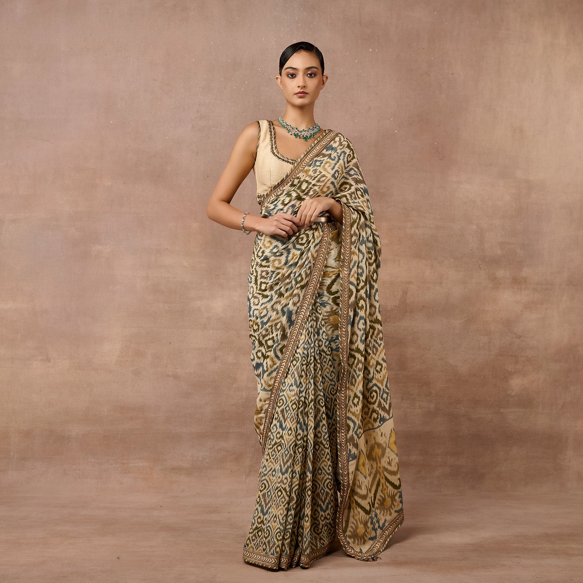 Ivory Ikat Saree Set | EAST