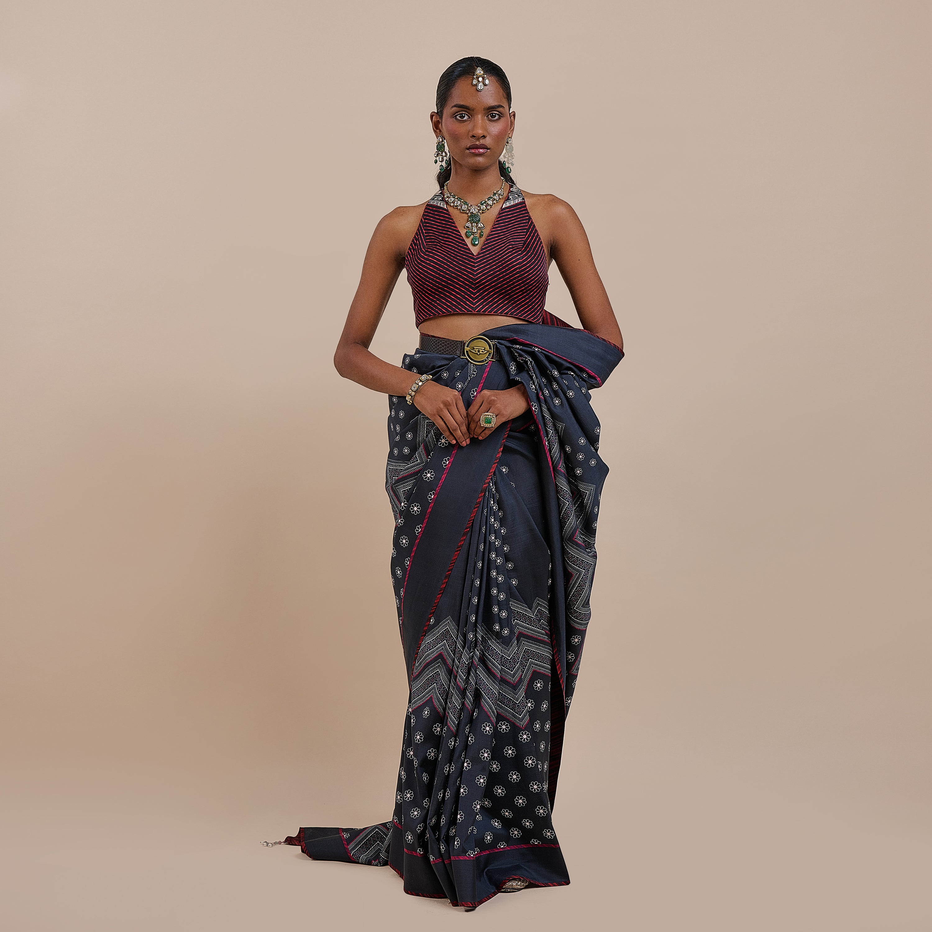 Midnight Blue - Burgundy Chevron Saree Set | ATTH