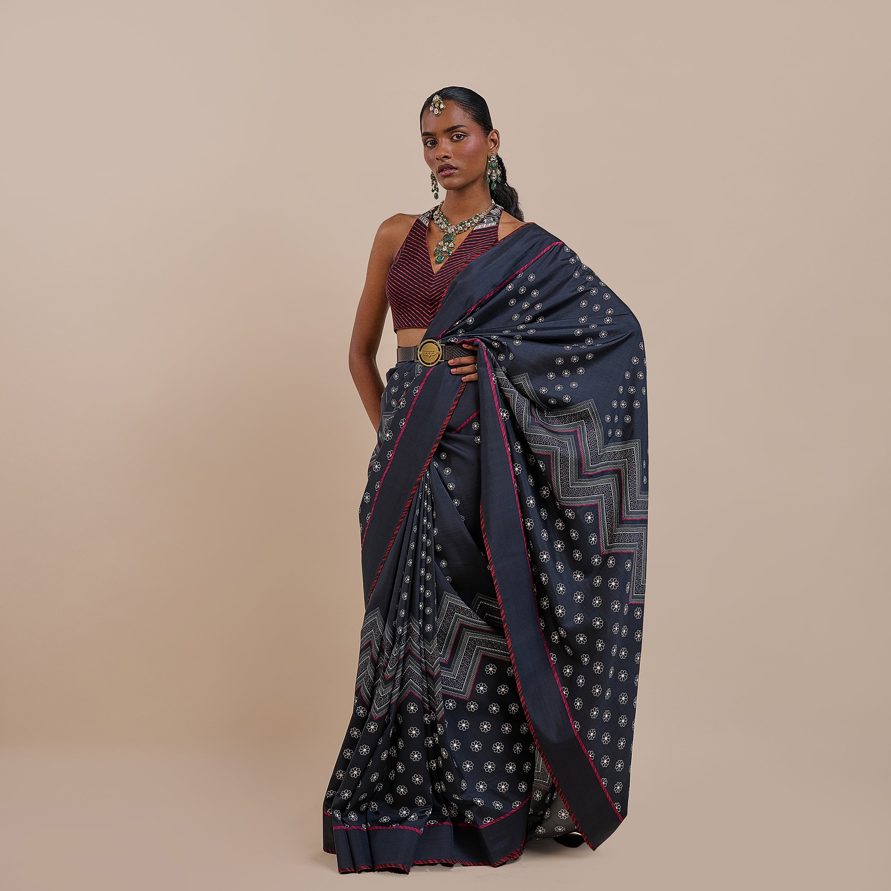 Midnight Blue - Burgundy Chevron Saree Set | ATTH